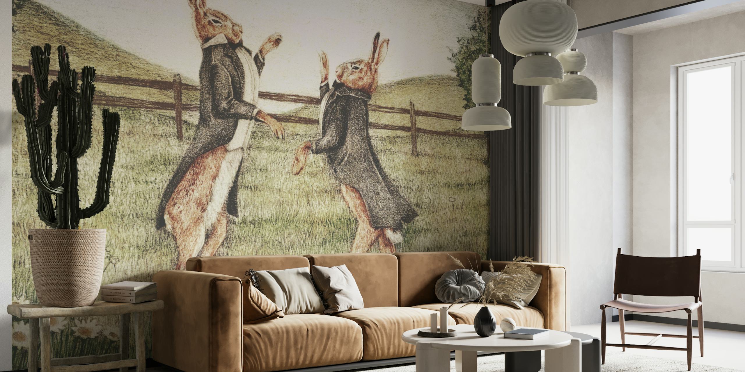 Παιχνιδιάρικη ταπετσαρία με δύο κουνέλια σε παλτό