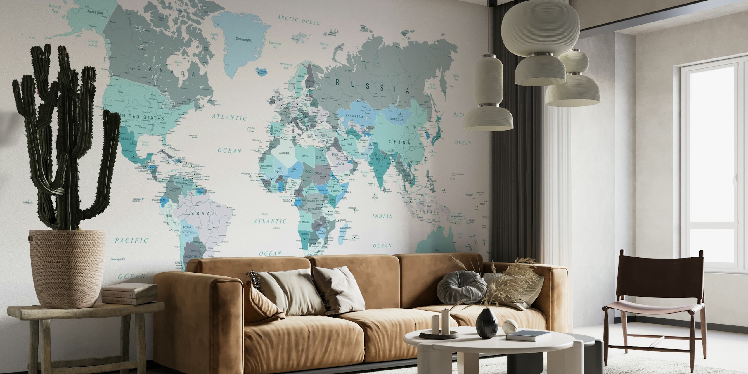 World Map in Teal and Blue papiers peint