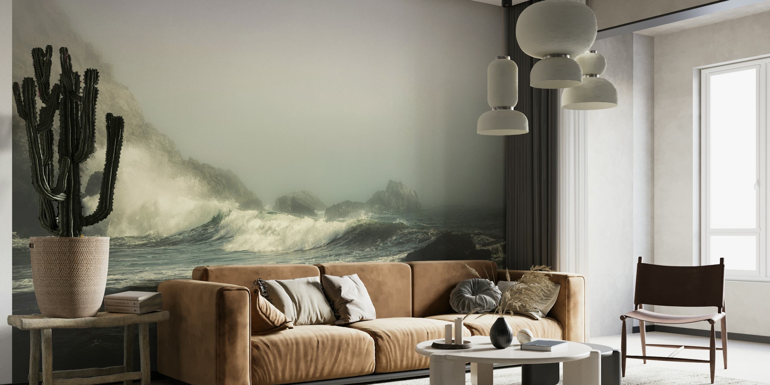 Seascape seinämaalaus, jossa sumu ja iskevät aallot kiviä vasten