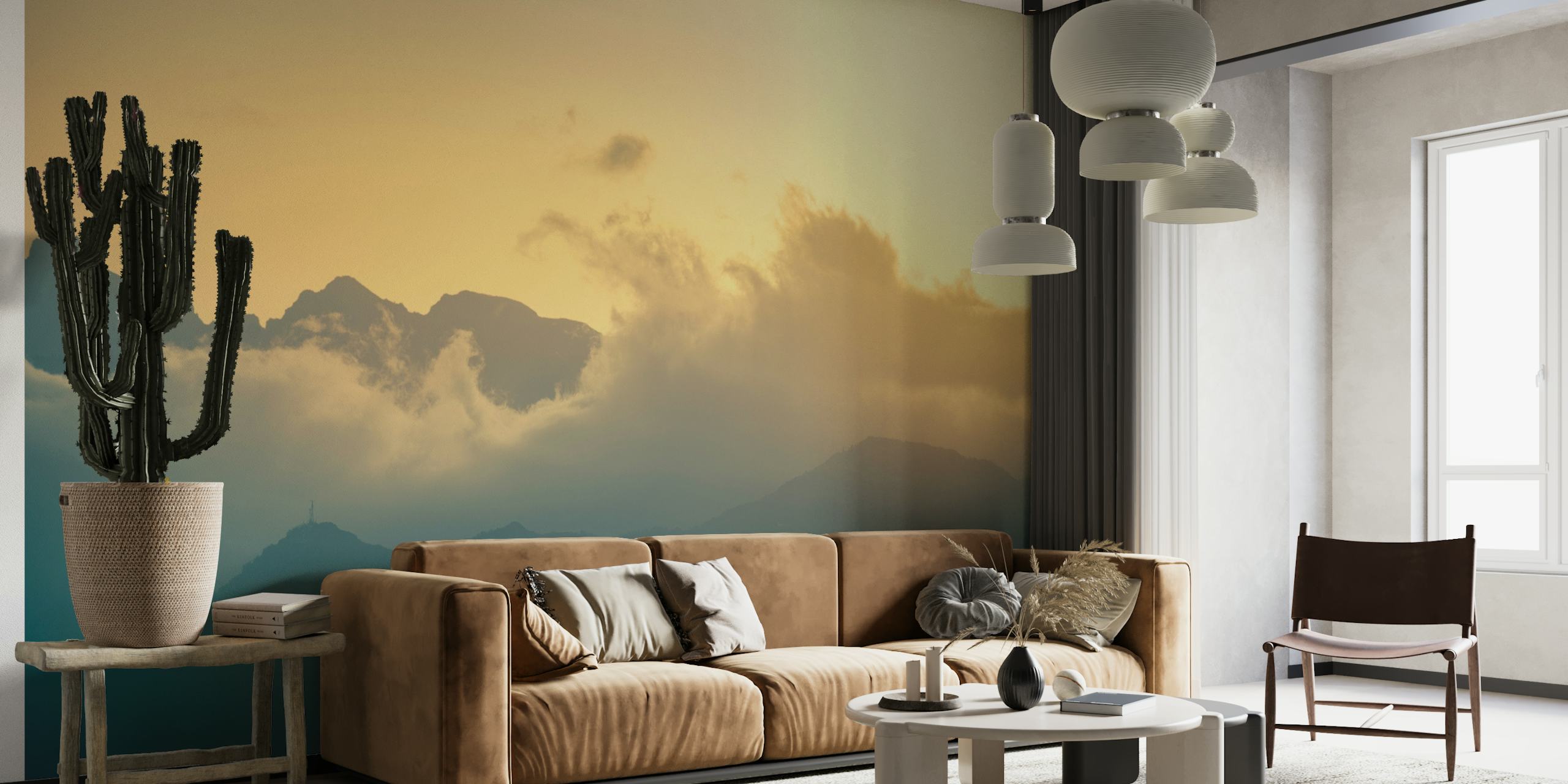 Sun-kissed clouds over misty mountains in a wall mural