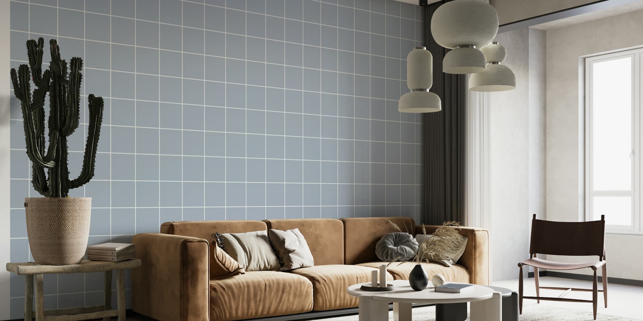 Moody blue wall mural with grid pattern for elegant interior decoration