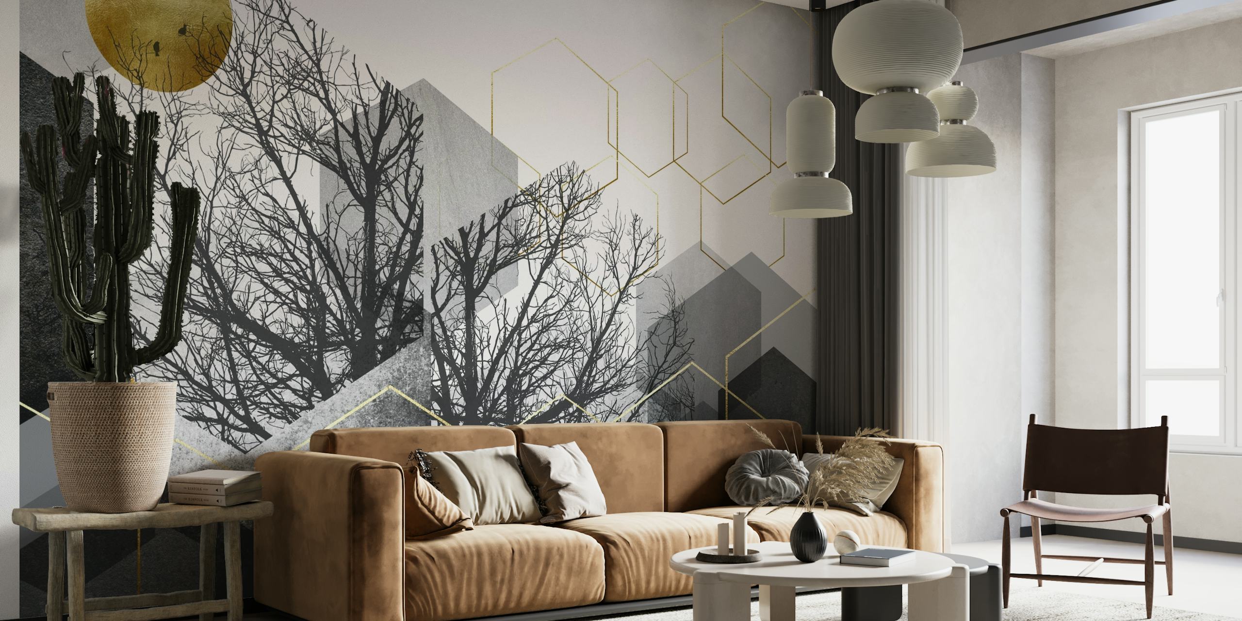 Mural de parede abstrato Geo Landscape com cubos monocromáticos, árvores sem folhas e um toque de ouro