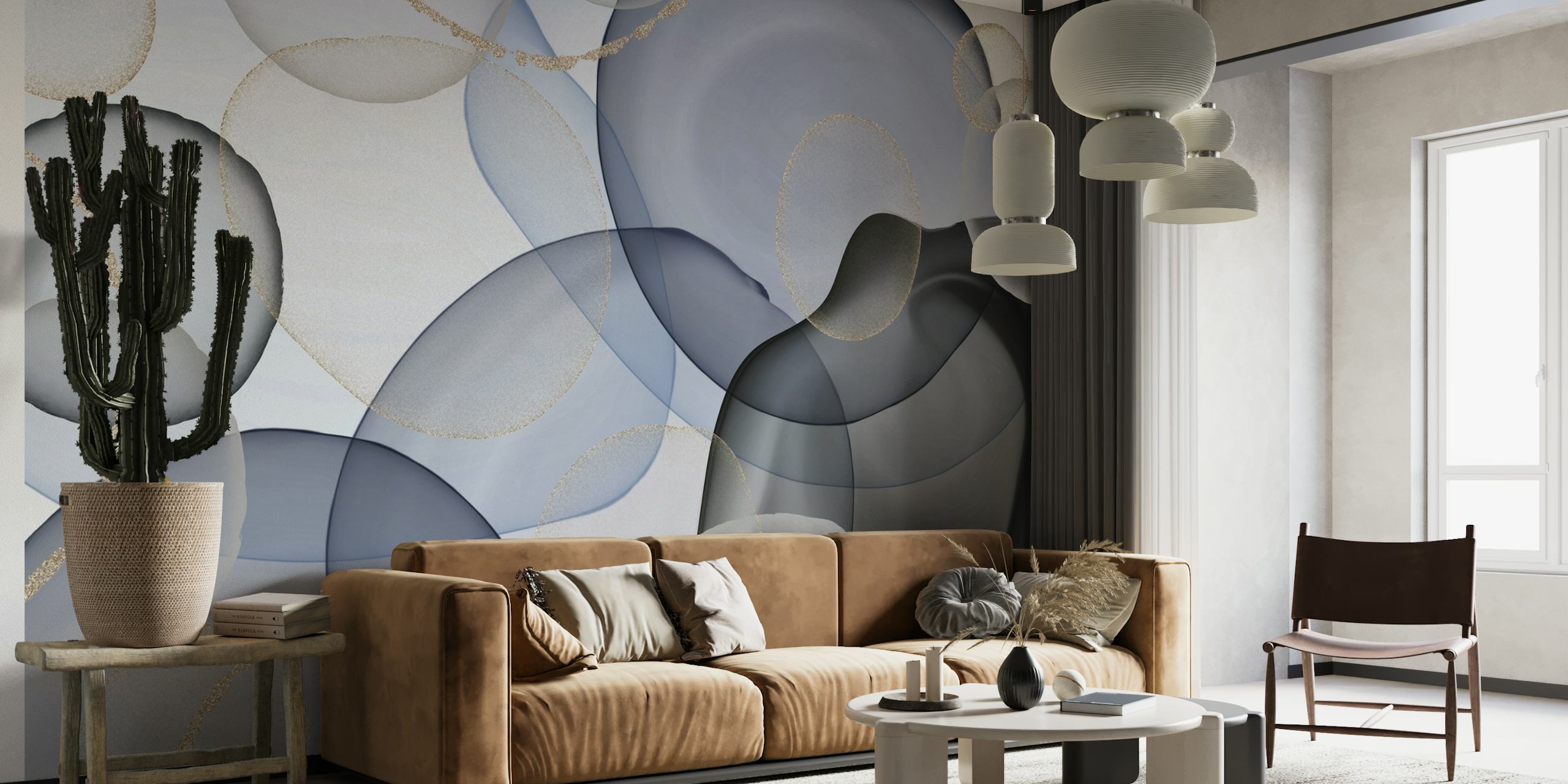 Blue Light Ink Circles abstract wall mural with shades of blue and gold accents