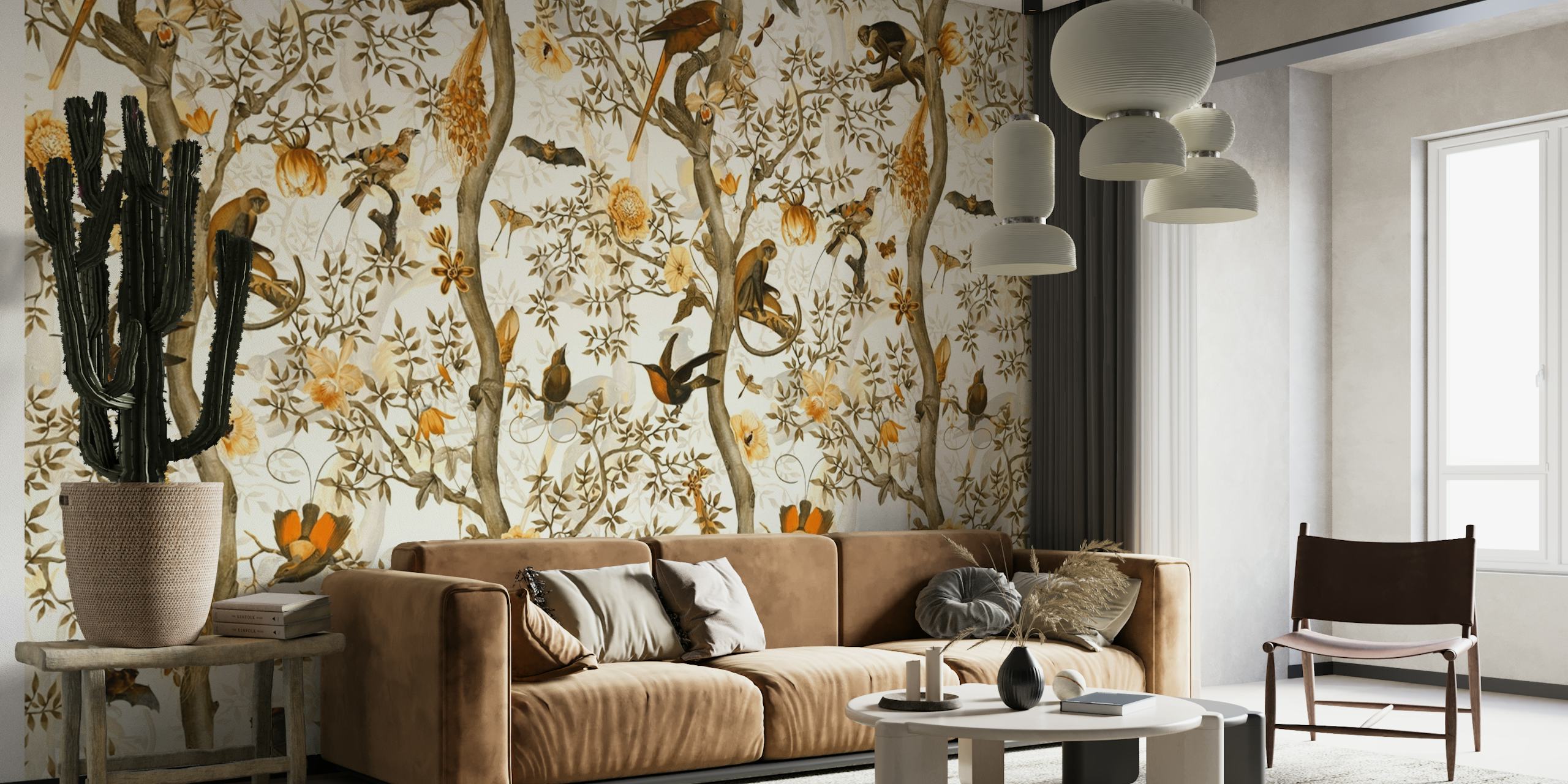 Intricate design of Chinoiserie Wallpaper featuring playful monkeys and vibrant birds
