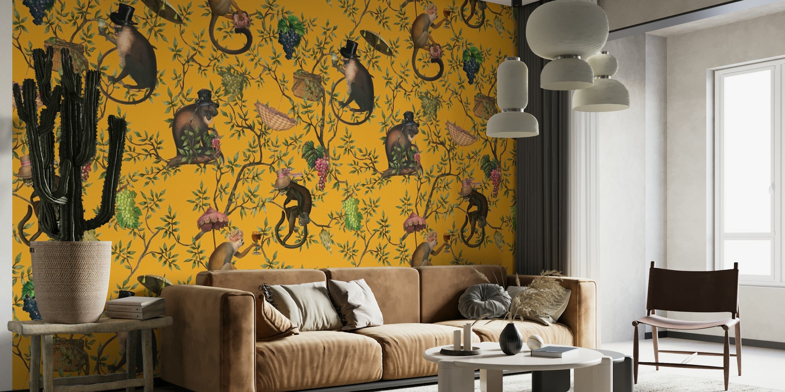 Intricately designed Vintage Monkeys and Floral Garden Party mural wallpaper