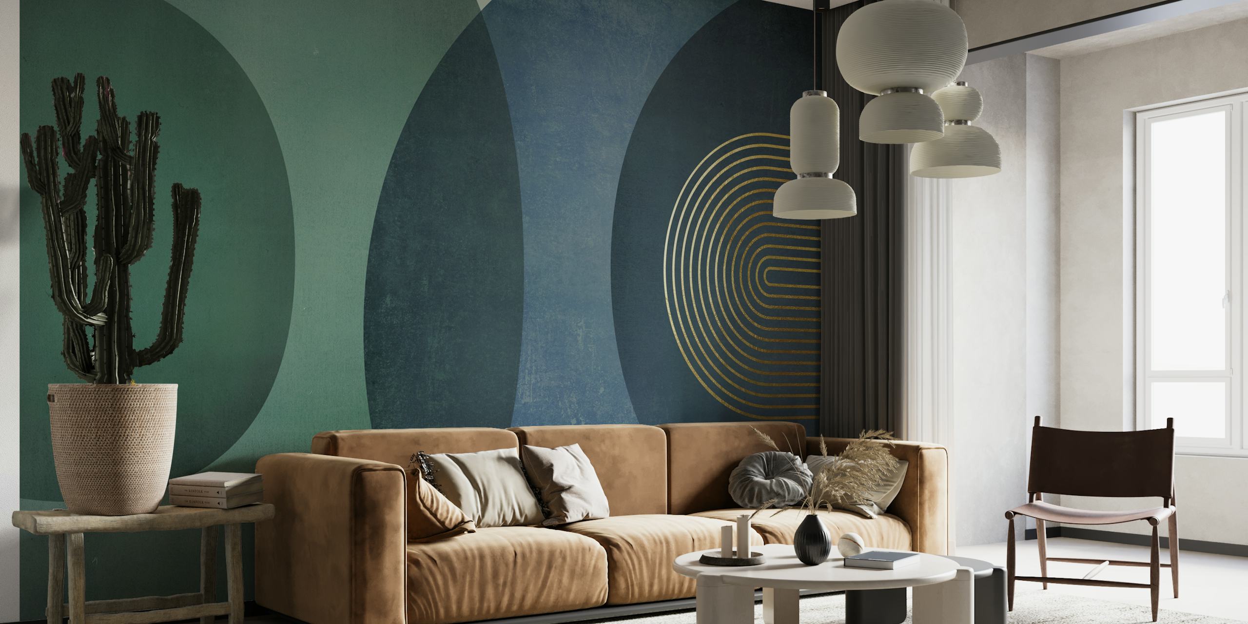 Blue geometric wallpaper with curved shapes and golden lines