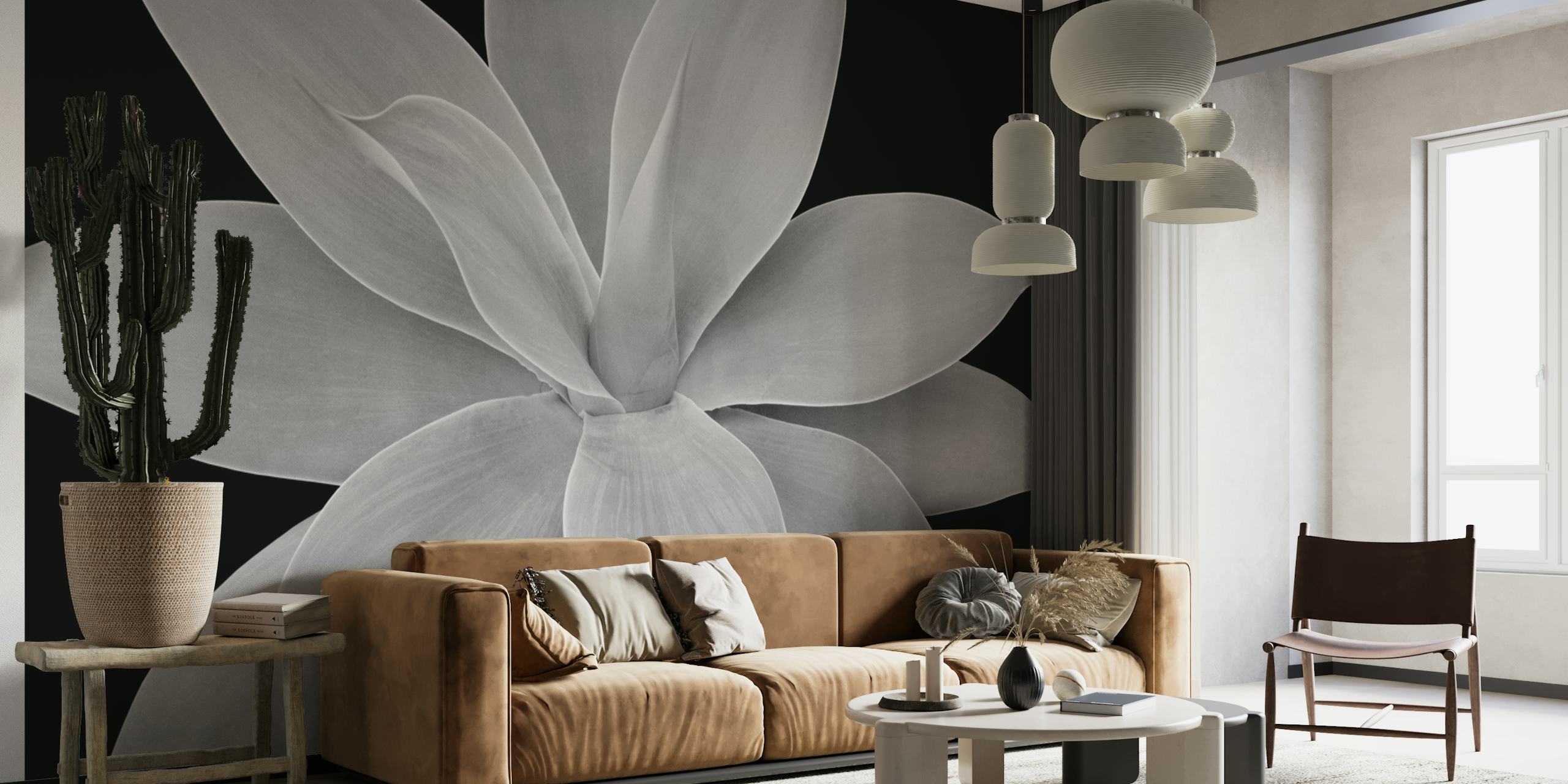 Monochrome agave leaves wall mural in grayscale