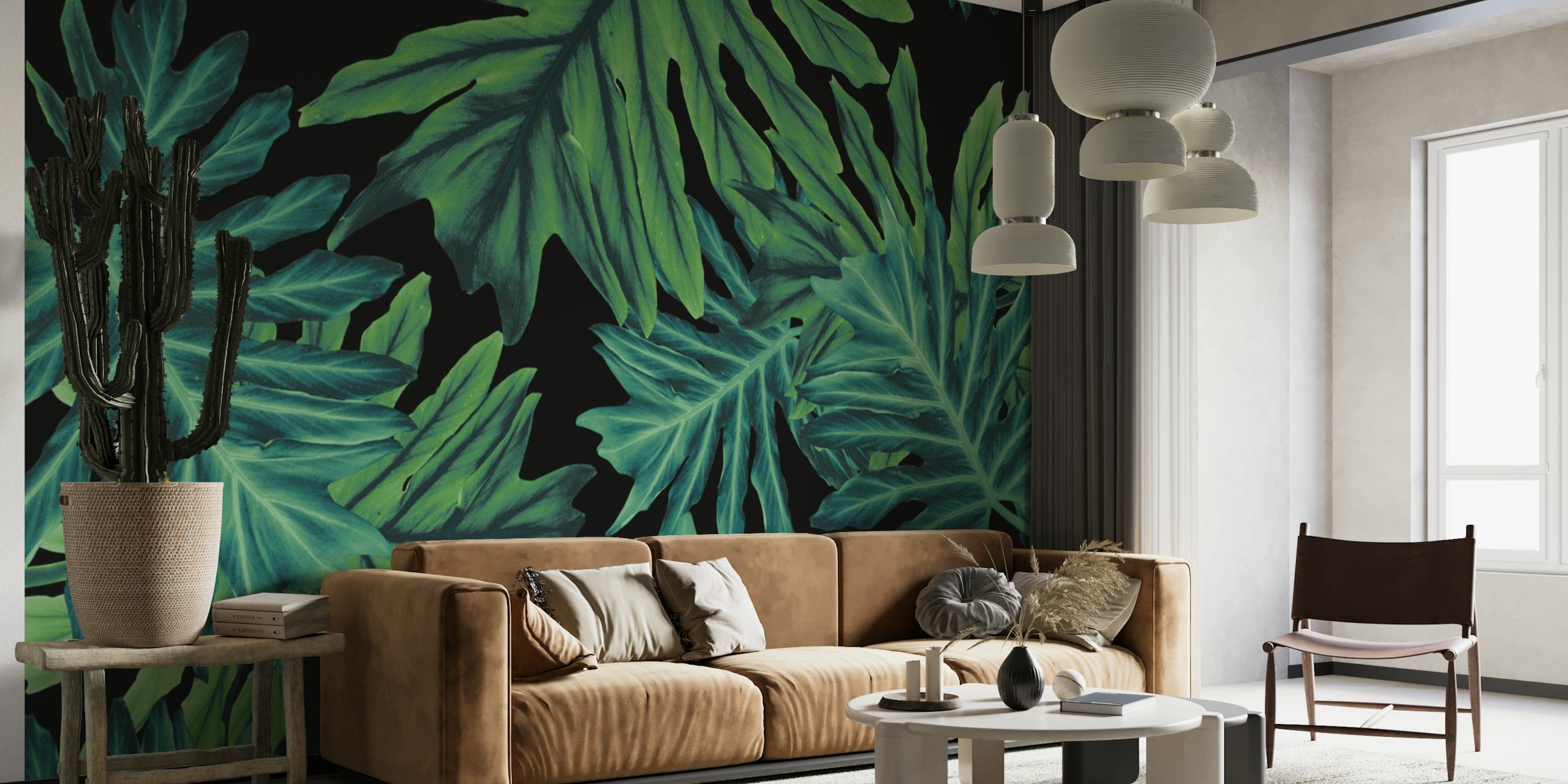 Tropical jungle wallpaper with green leaves