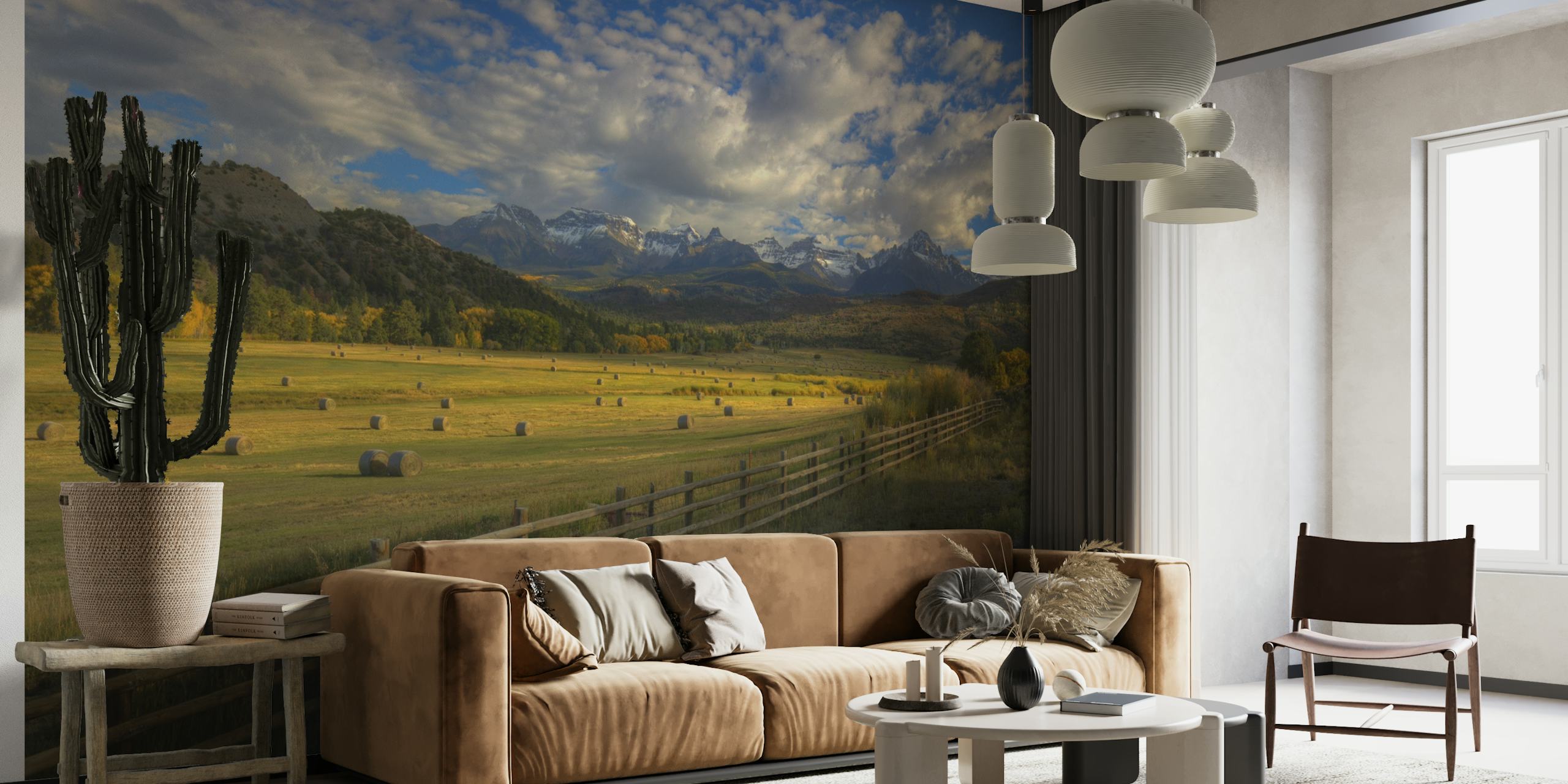 Rustic Colorado farm landscape wall mural with mountains and a wooden fence