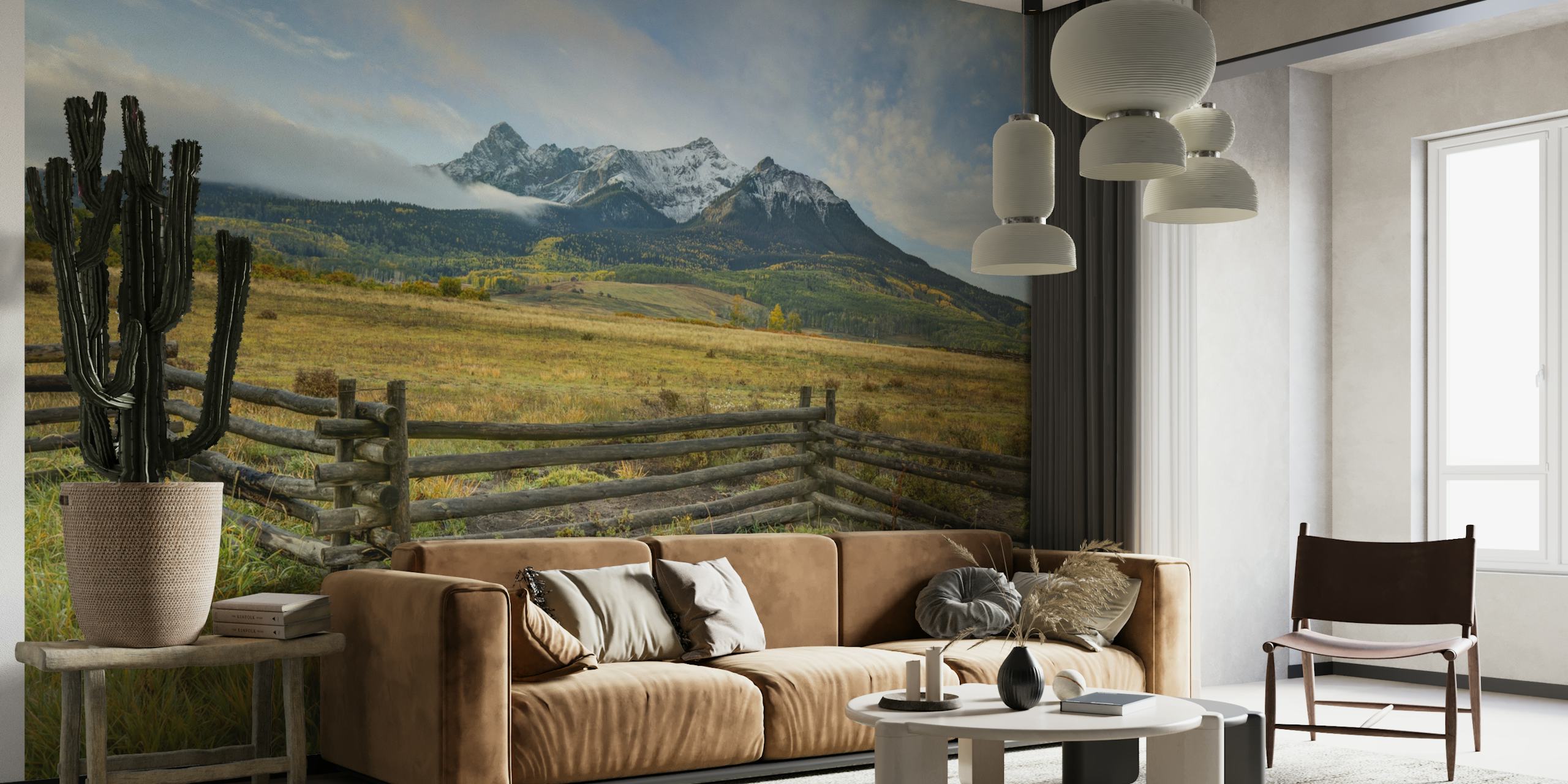 Wall mural of Morning Glory at Mt. Sneffels with sunrise and wooden fence
