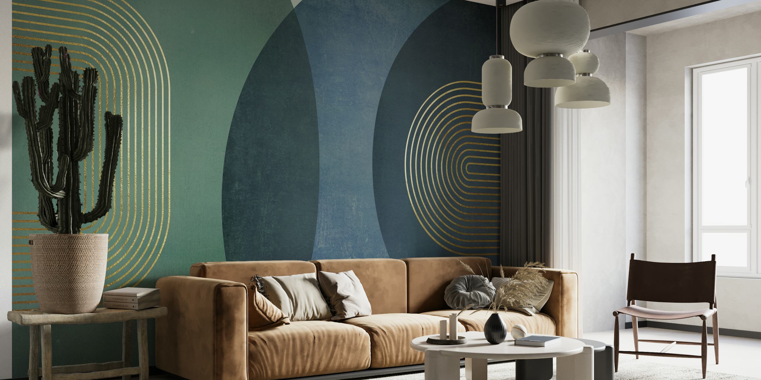 Geometric shapes in blue and green colors with gold lines wallpaper