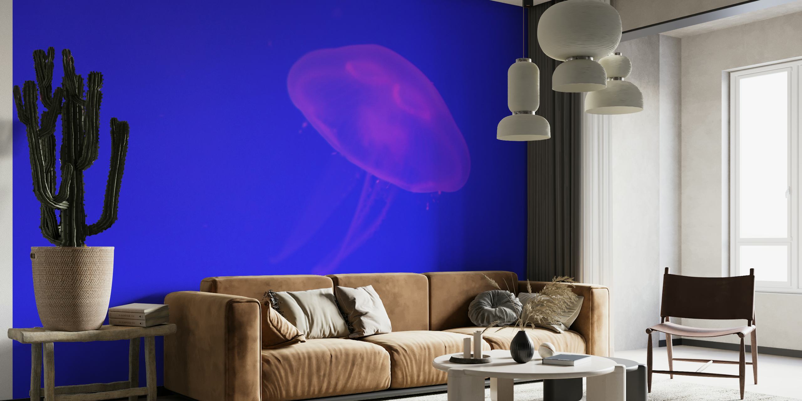 Jellyfish swimming in blue water wall mural
