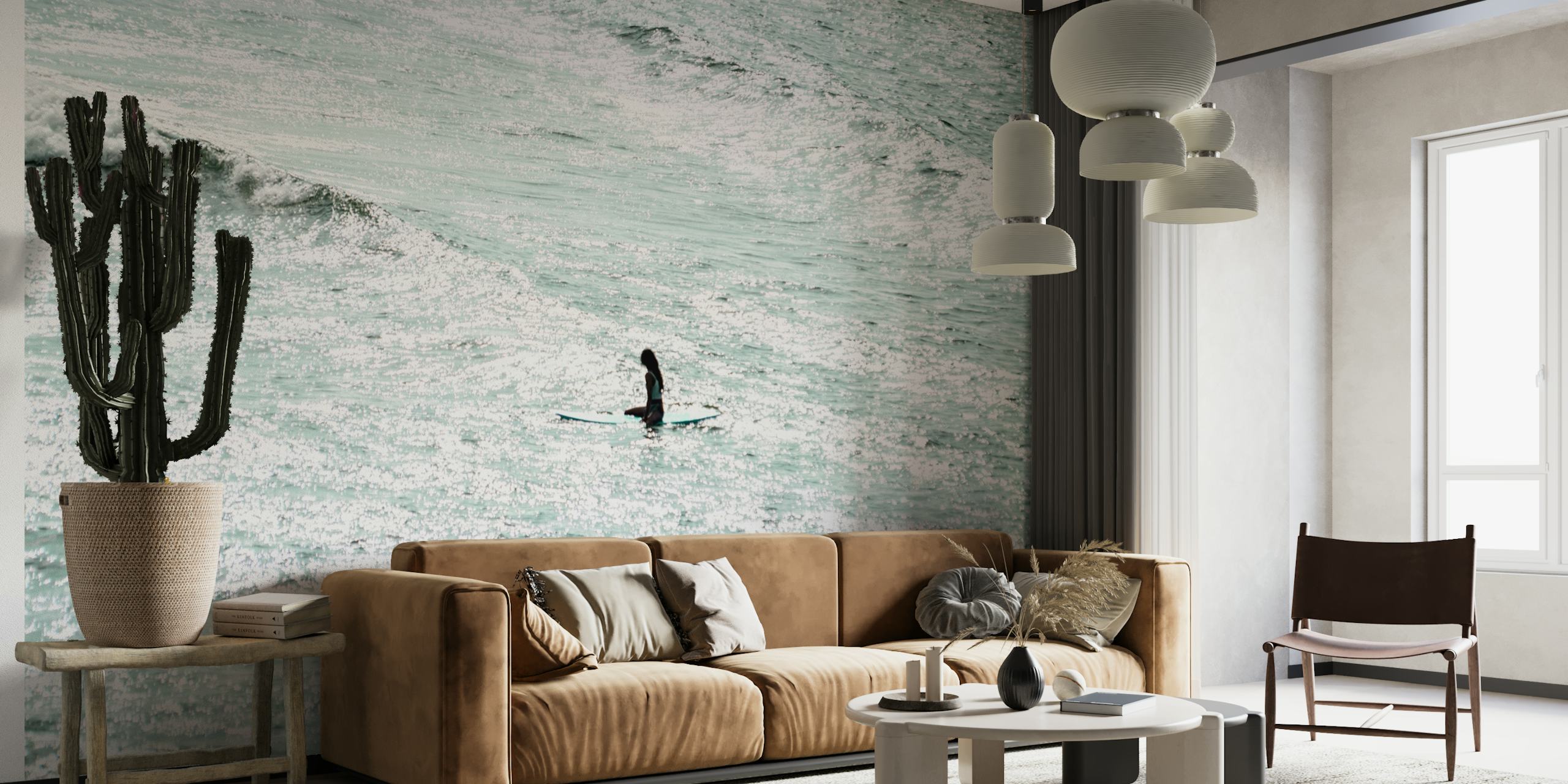 Wall mural of a lone surfer amidst vast ocean waves in Seaside 37.