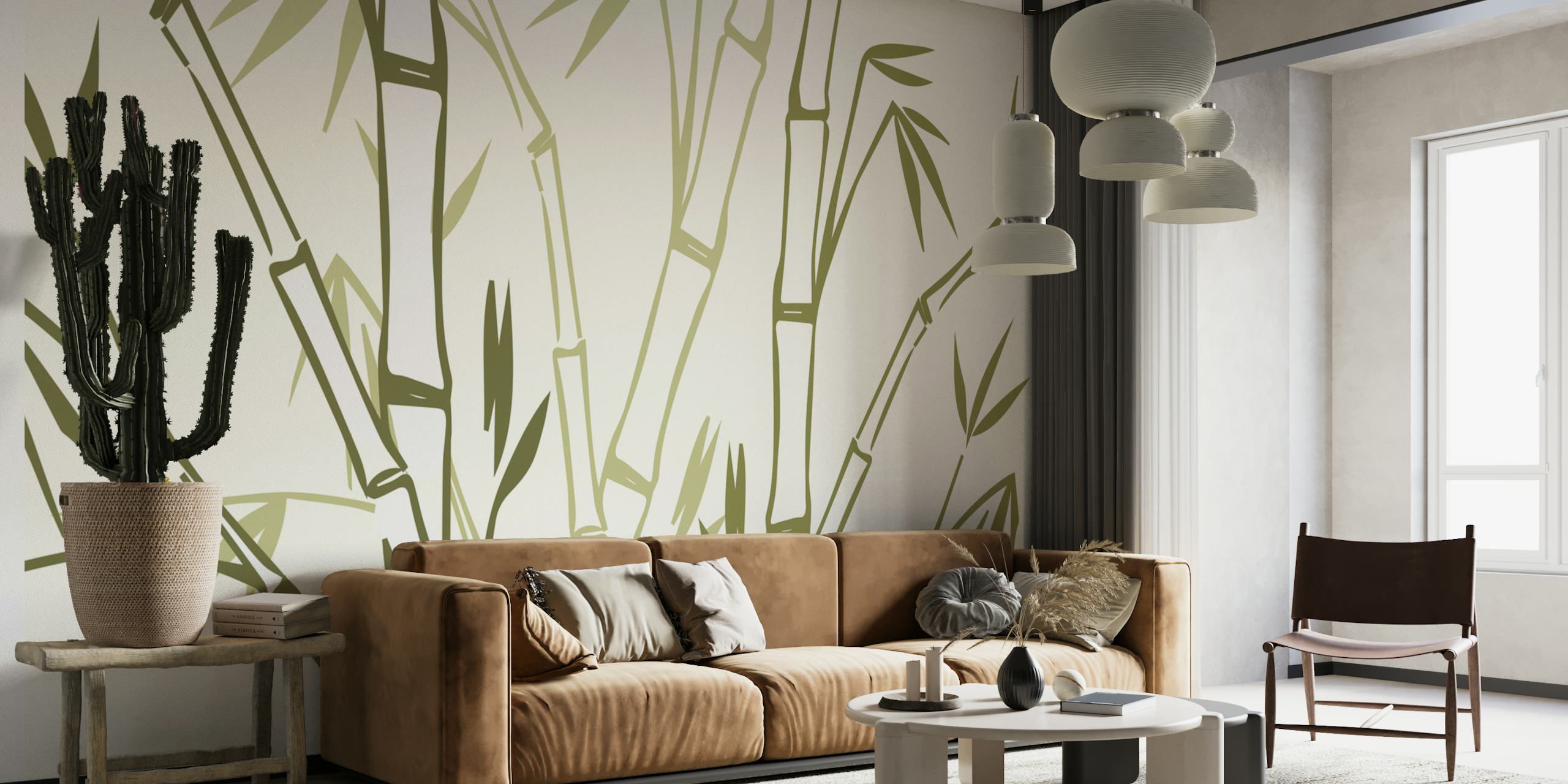 Green bamboo branches on a cream background wallpaper