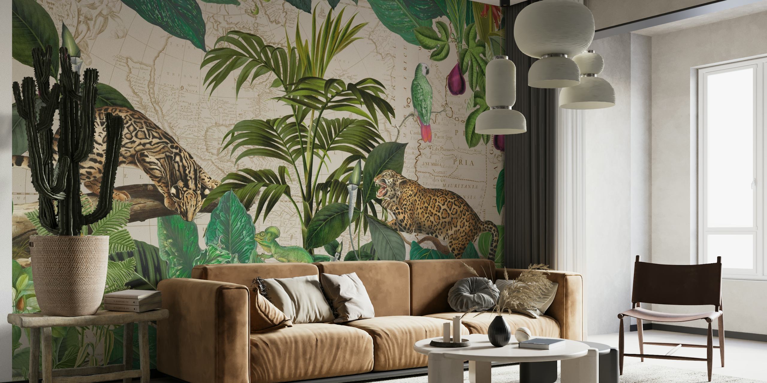 Fotobehang van twee wilde junglekatten te midden van een dicht tropisch bladpatroon met subtiele bloemaccenten.