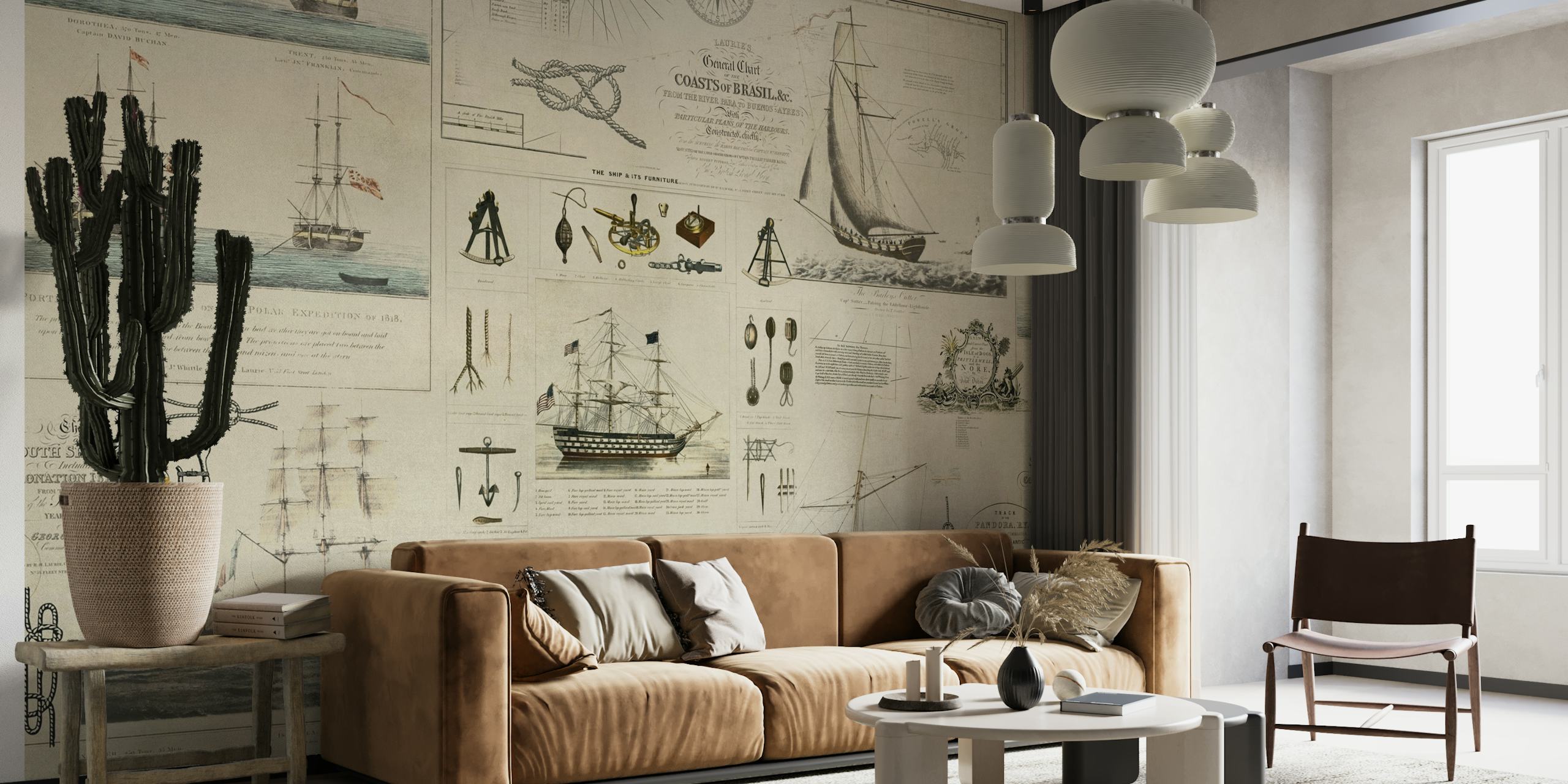 Nautical themed wallpaper with vintage ship drawings and book covers collage