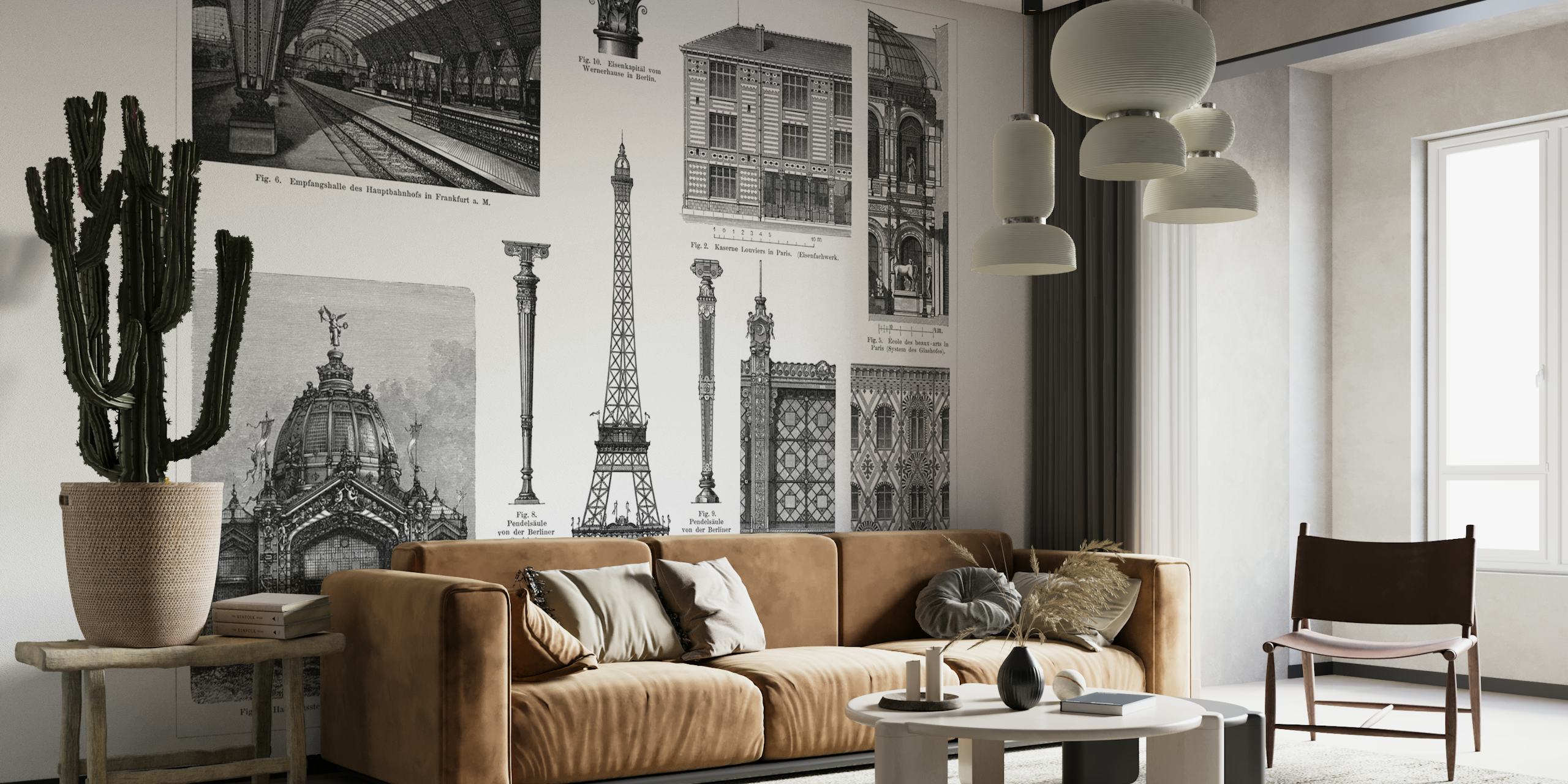 Mustavalkoinen valurautainen arkkitehtoninen seinämaalaus, jossa on vintage-kuvia maamerkeistä ja rakenteista.