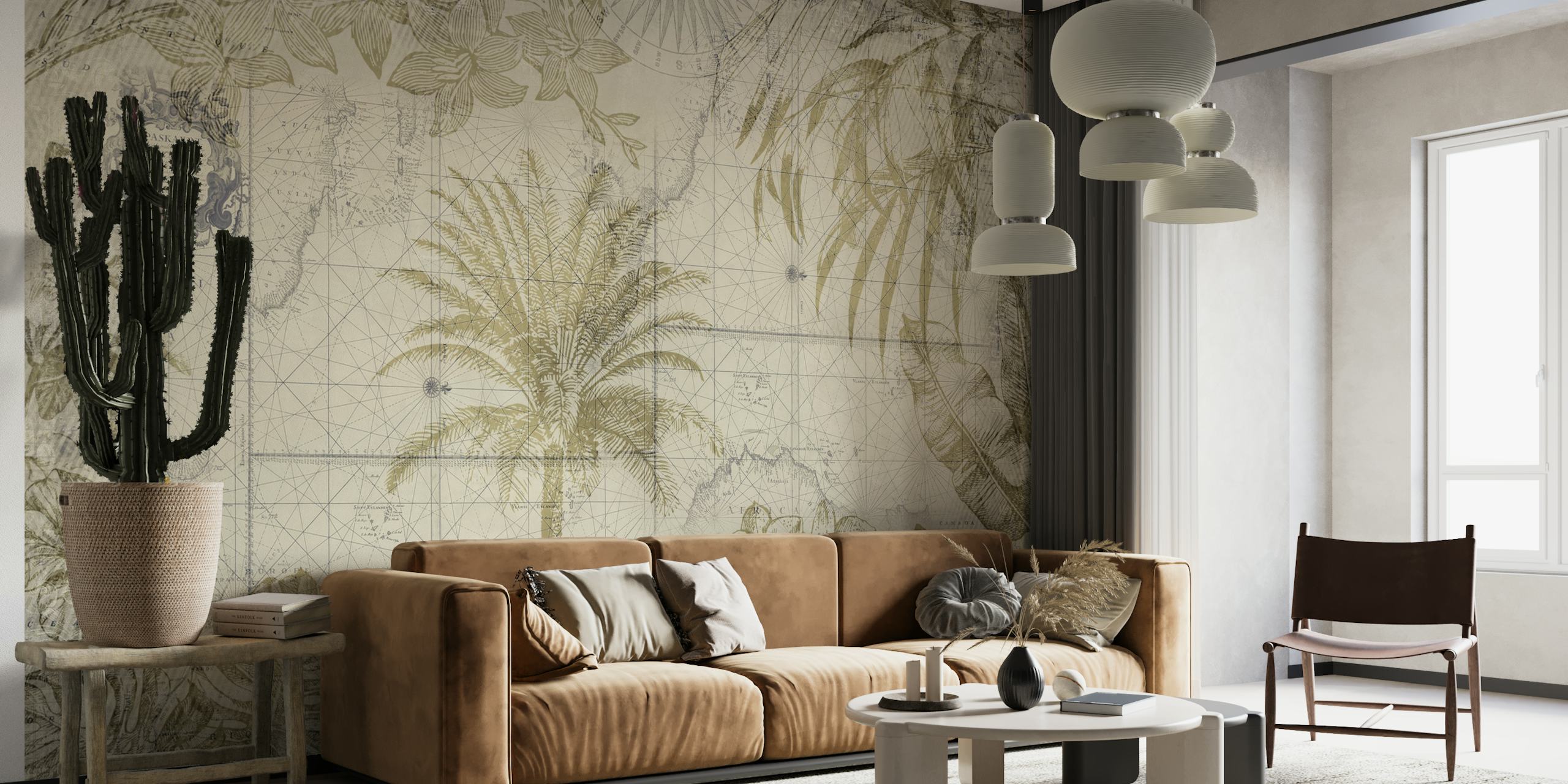 Monochrome tropische jungle muurschildering met palmbladeren en exotische planten in grijstinten