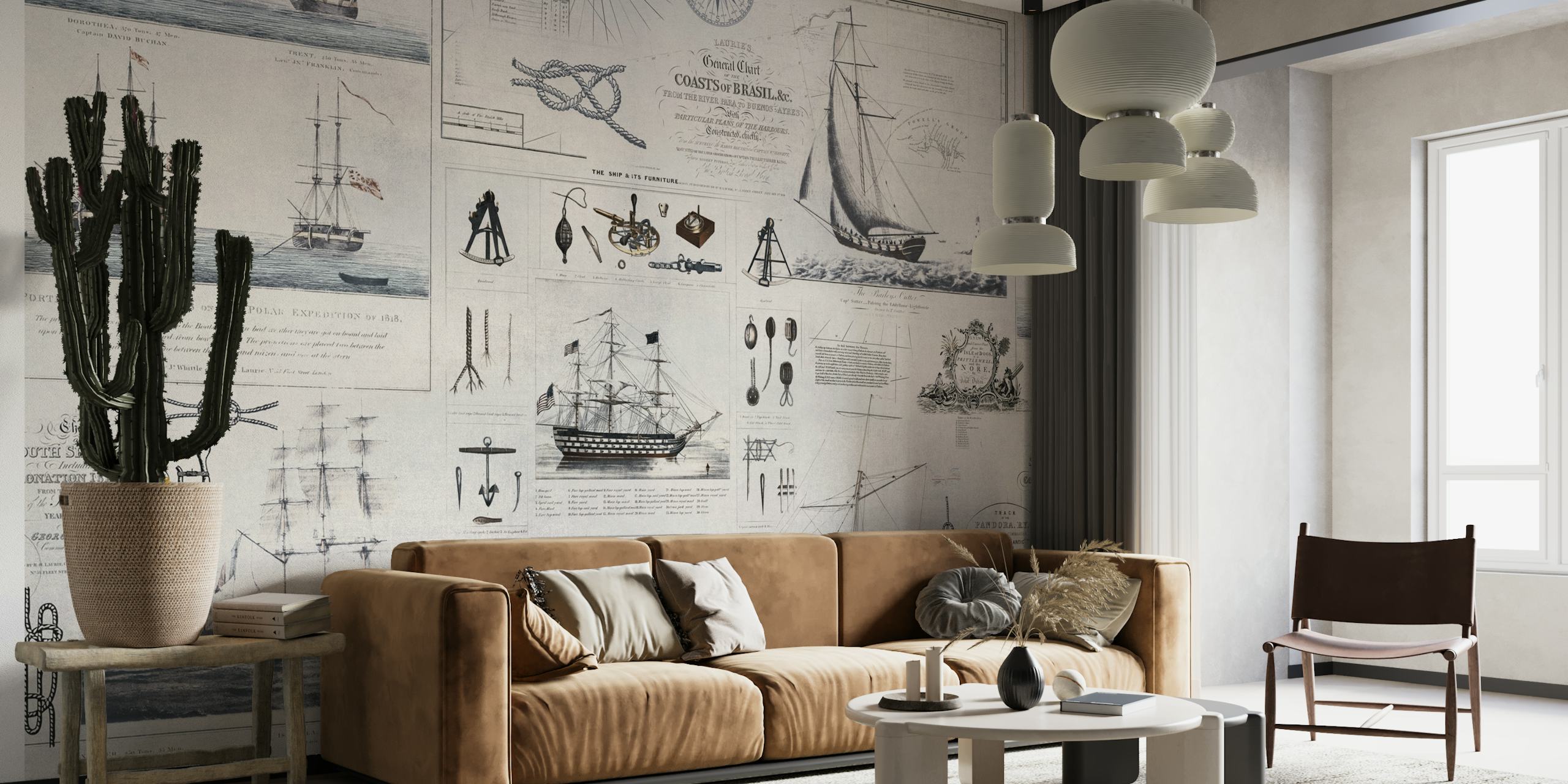 Vintage nautical wallpaper featuring blue ships and maps
