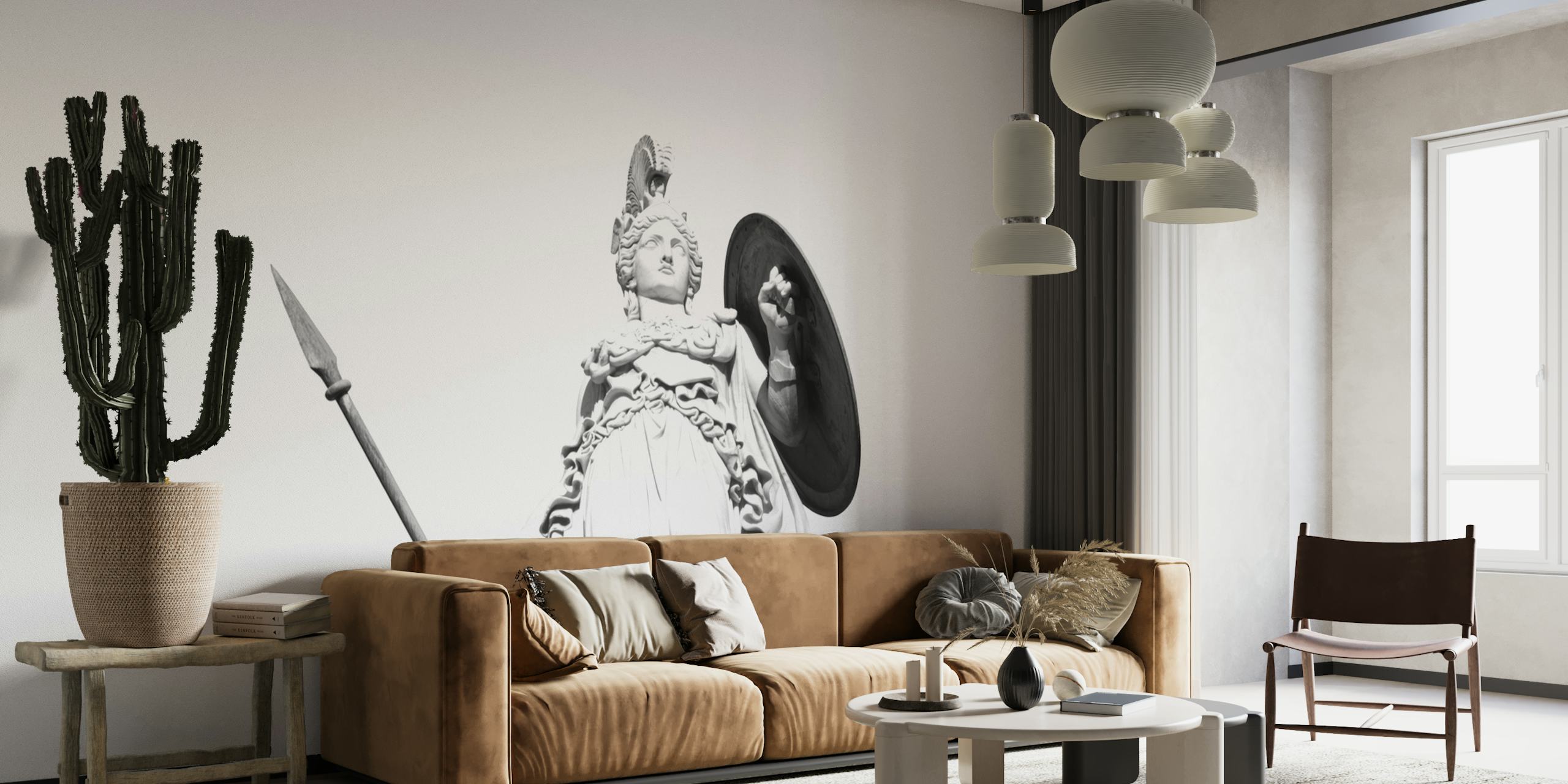 Black and white wall mural featuring Athena, the Greek goddess of wisdom, in classical art style