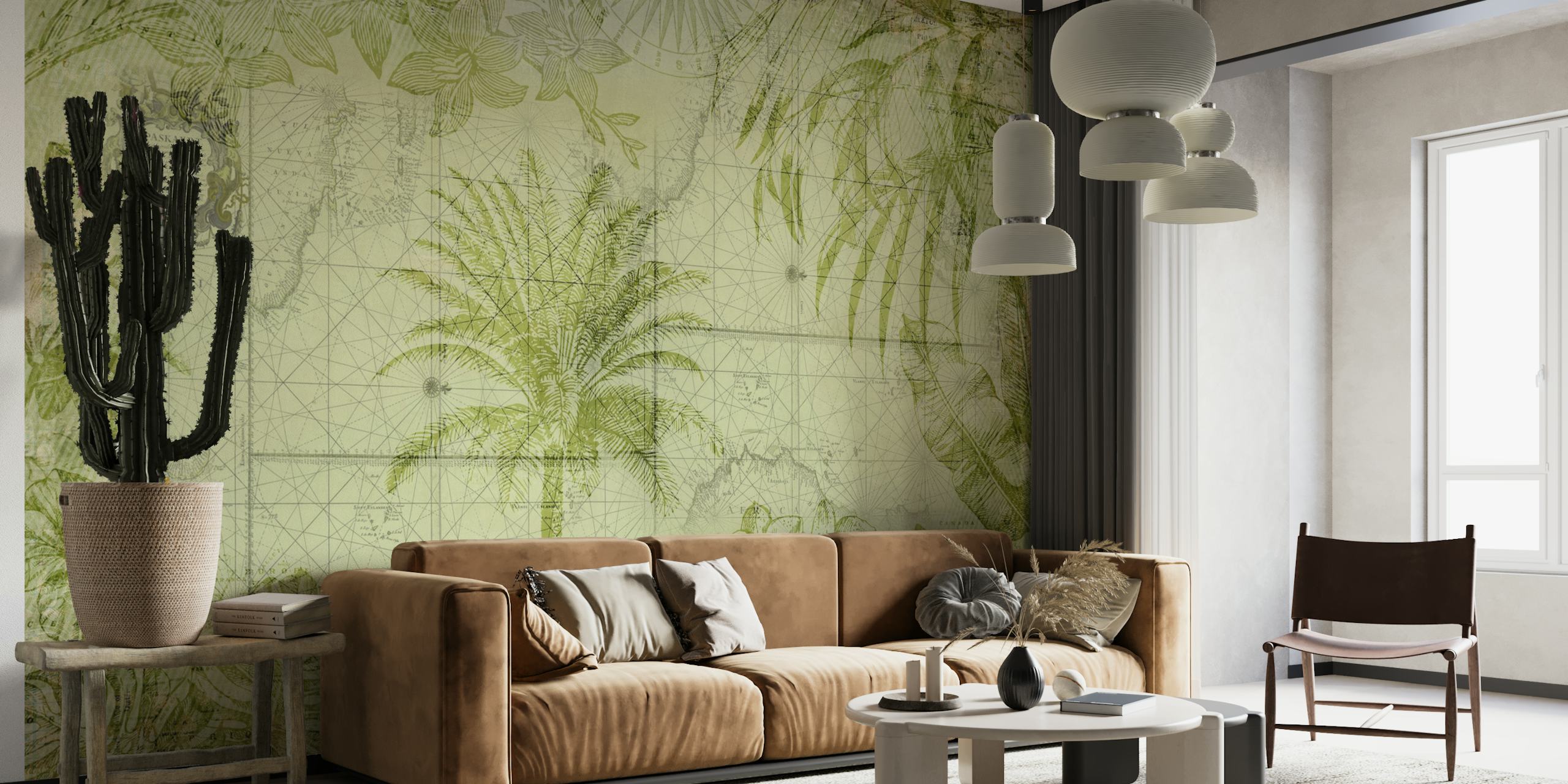 Vintage map and jungle wallpaper in a room