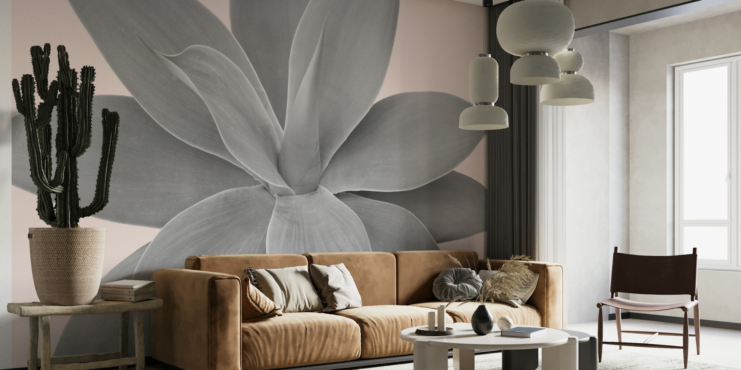 Papier peint mural Silhouette de plante d'agave grise sur fond rose