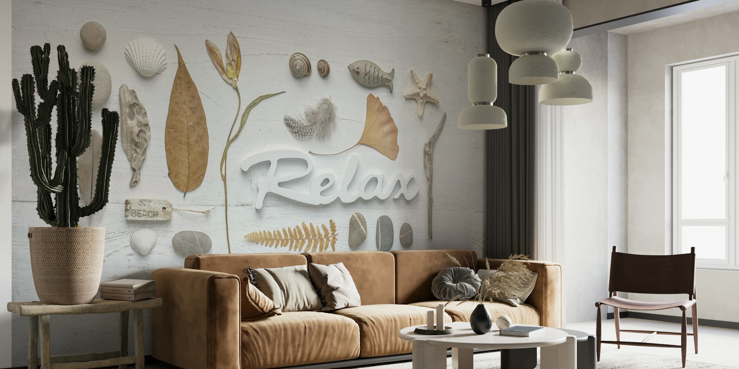 Relax Nature Collage wall mural with leaves, stones, and natural elements