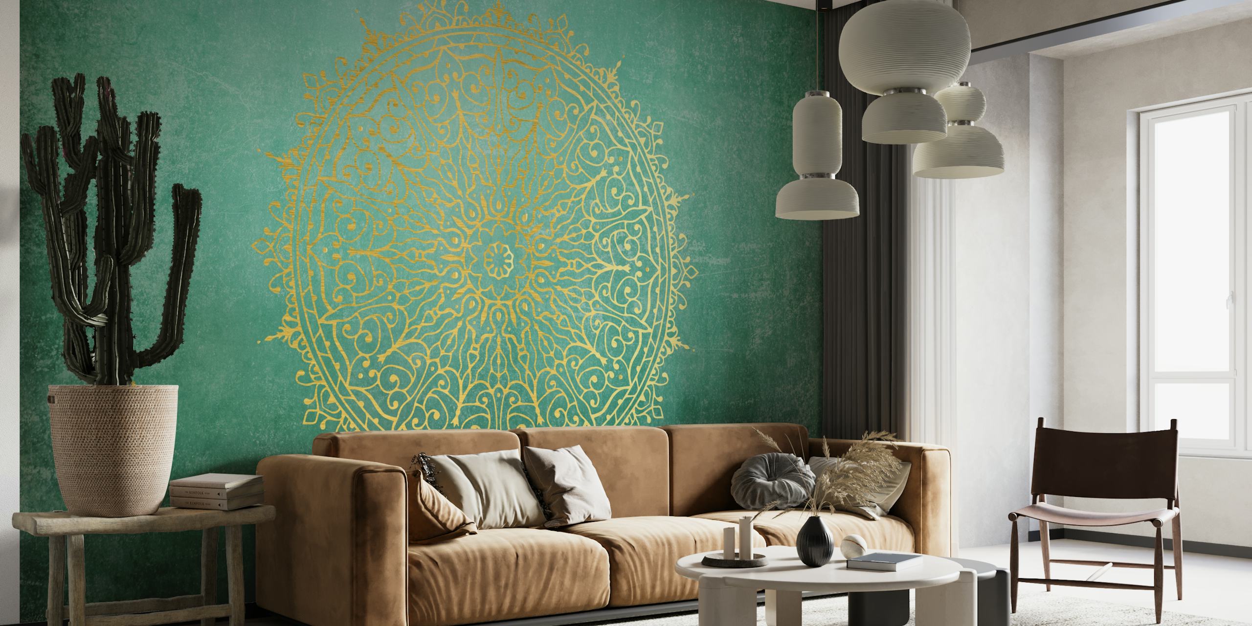 Carta da parati verde smeraldo con intricato disegno di mandala dorati