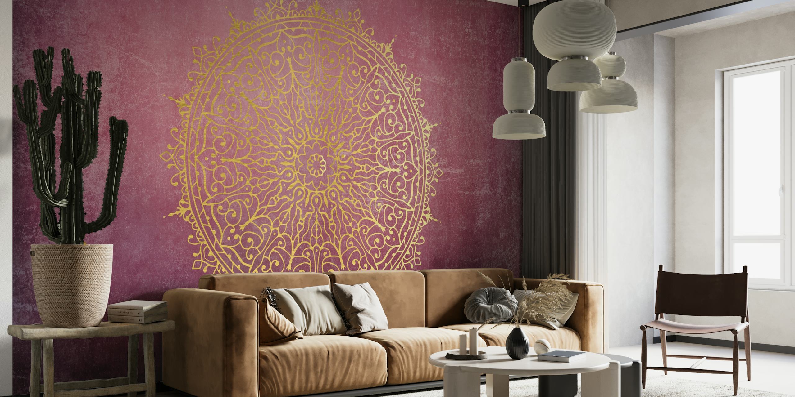 Burgundy background with gold mandala design wallpaper