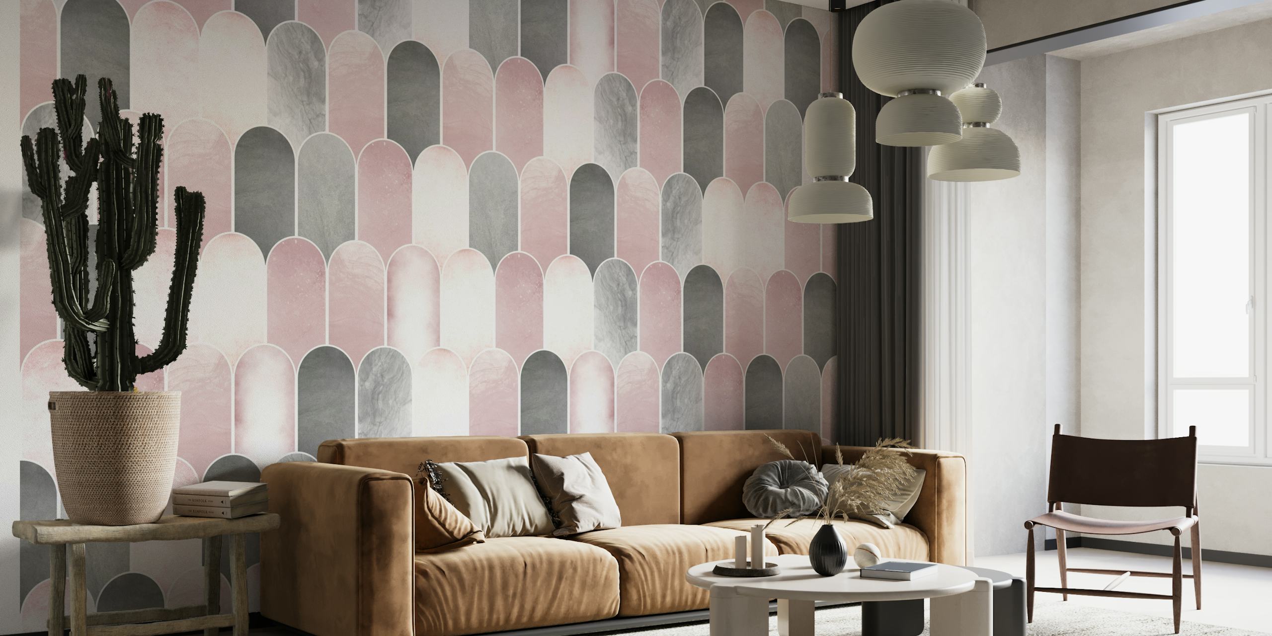 Tiled Wall in Pink and Grey papel pintado
