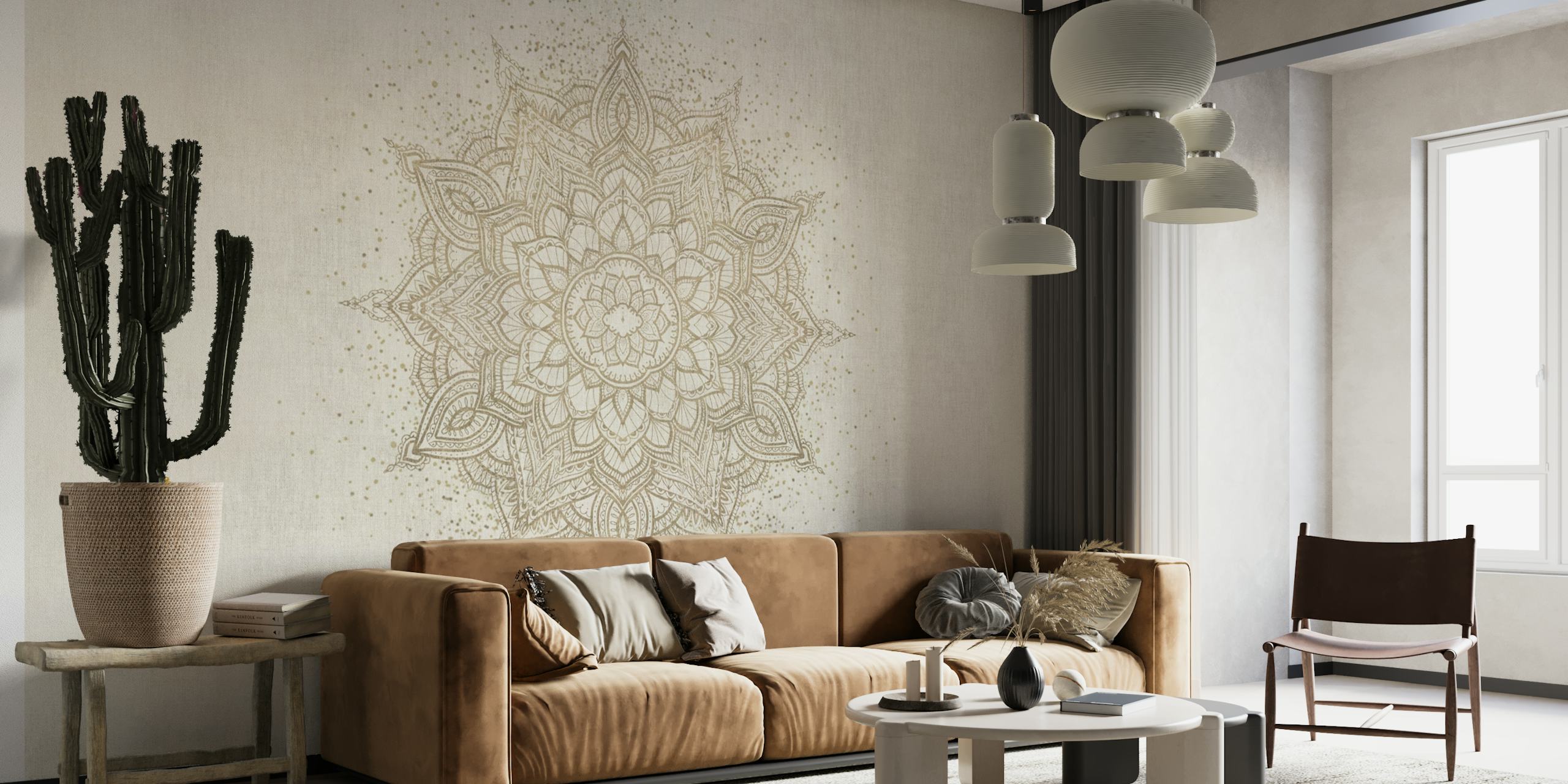 Design de papel de parede Golden mandala em um quarto
