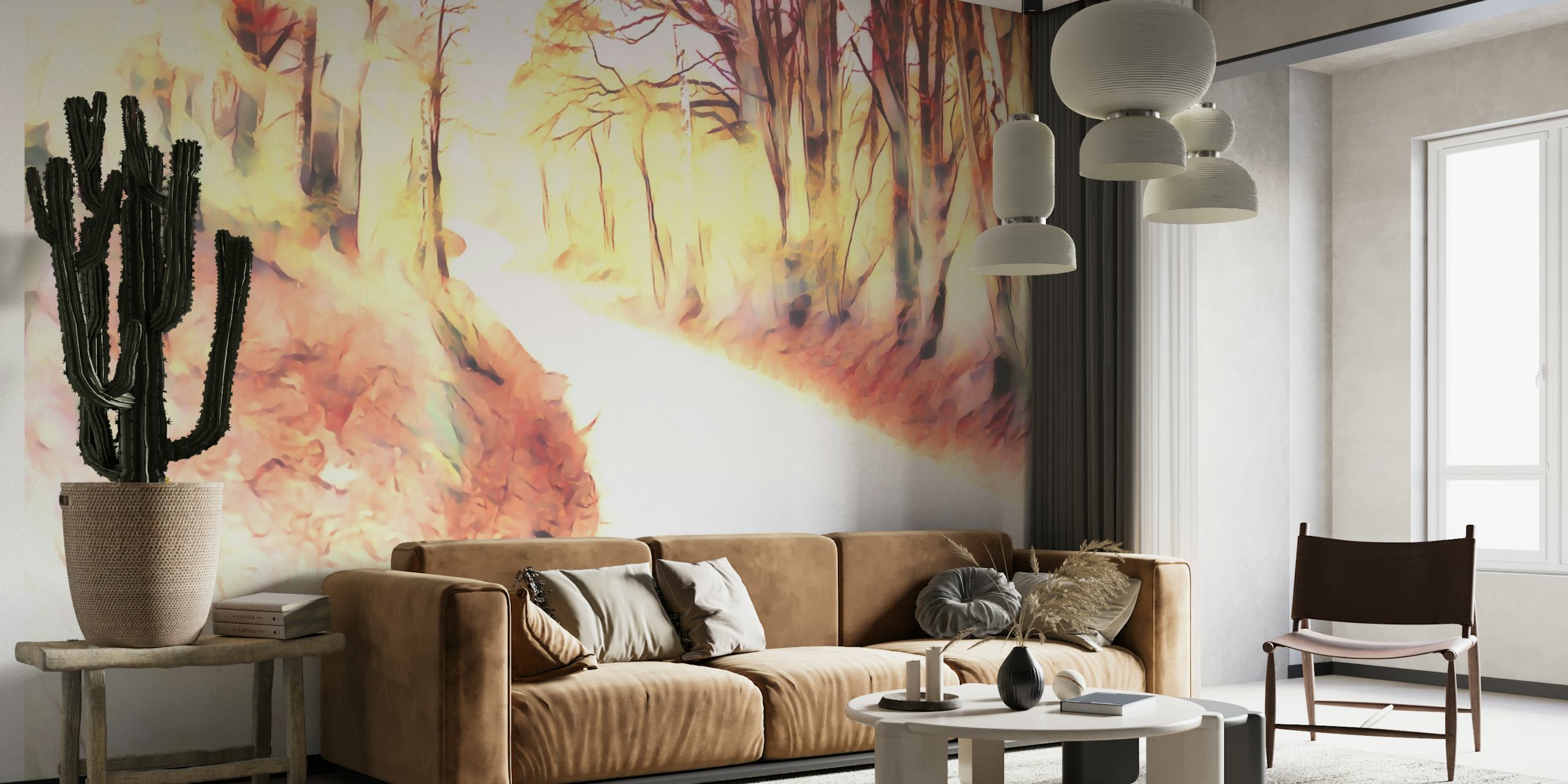 Impressionistic soothing forest wall mural with a serene path