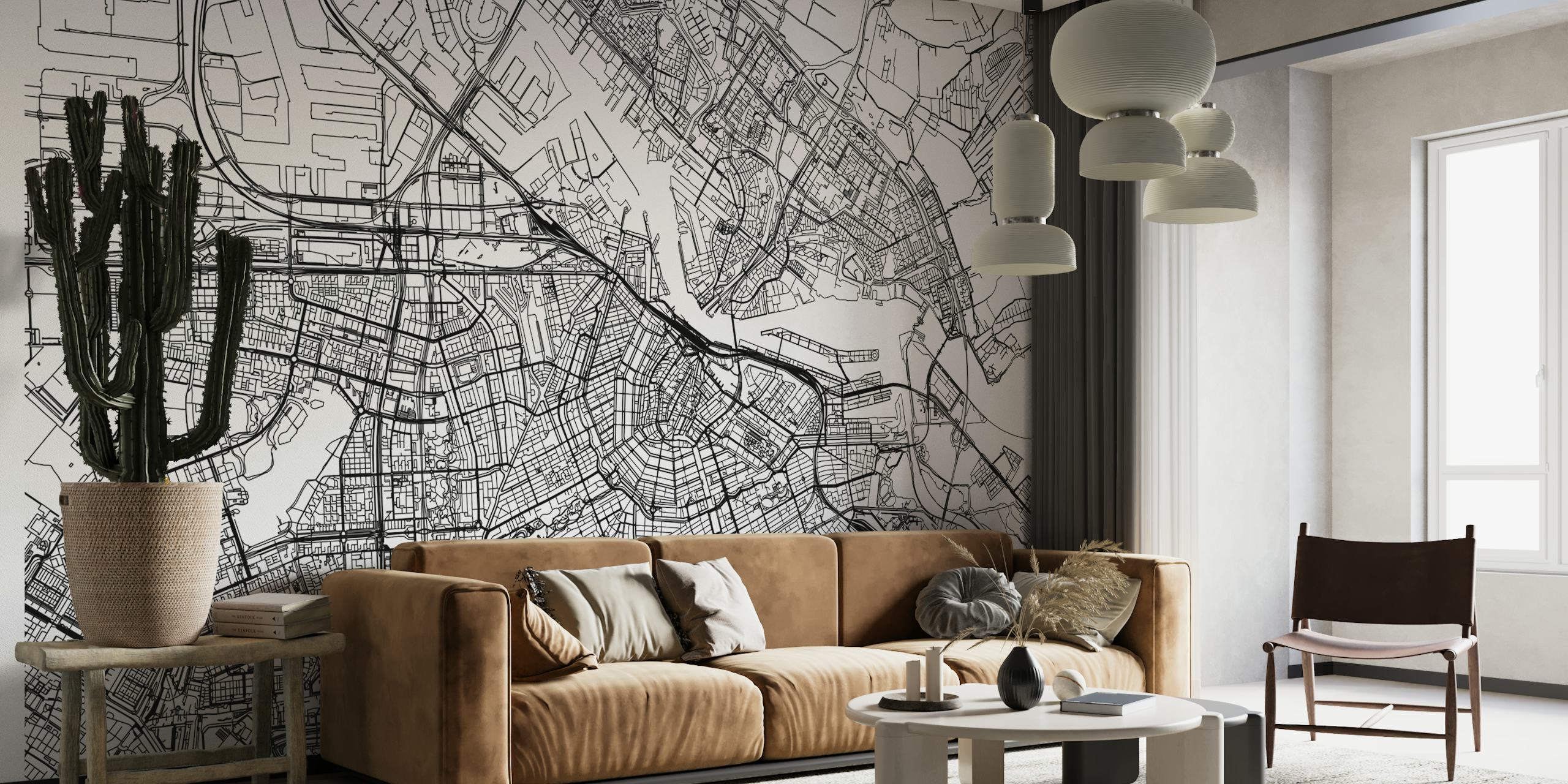 Detailed black and white Amsterdam map design wallpaper