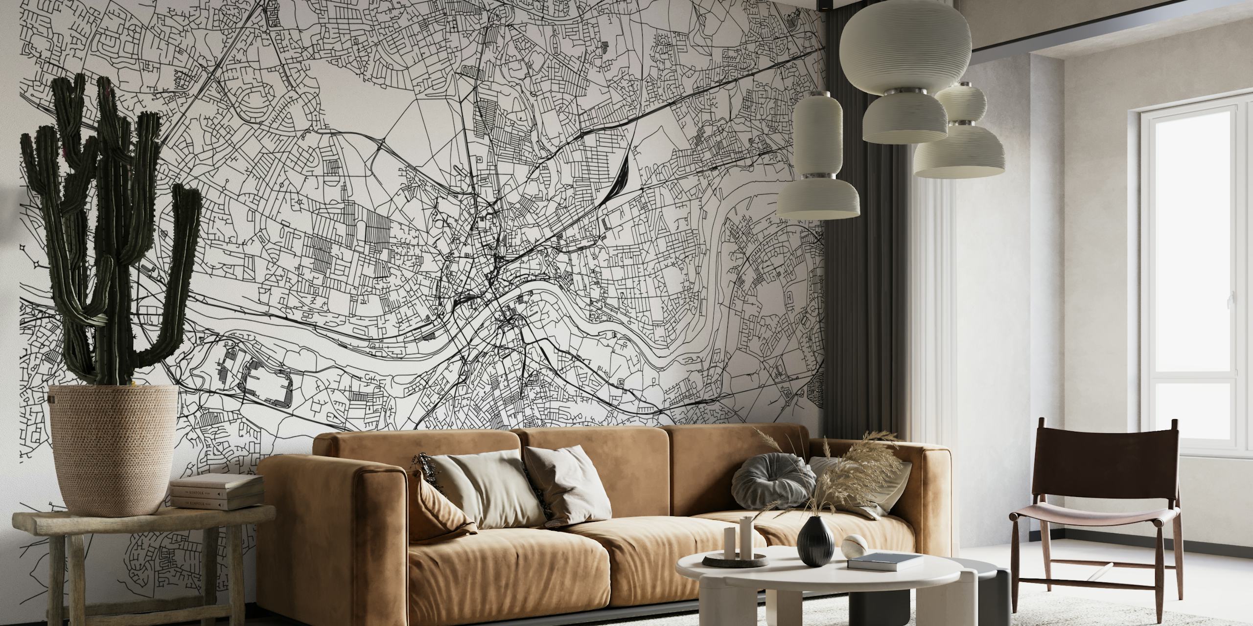 Wandgemälde mit Stadtplan von Newcastle, das Straßen und Sehenswürdigkeiten zeigt