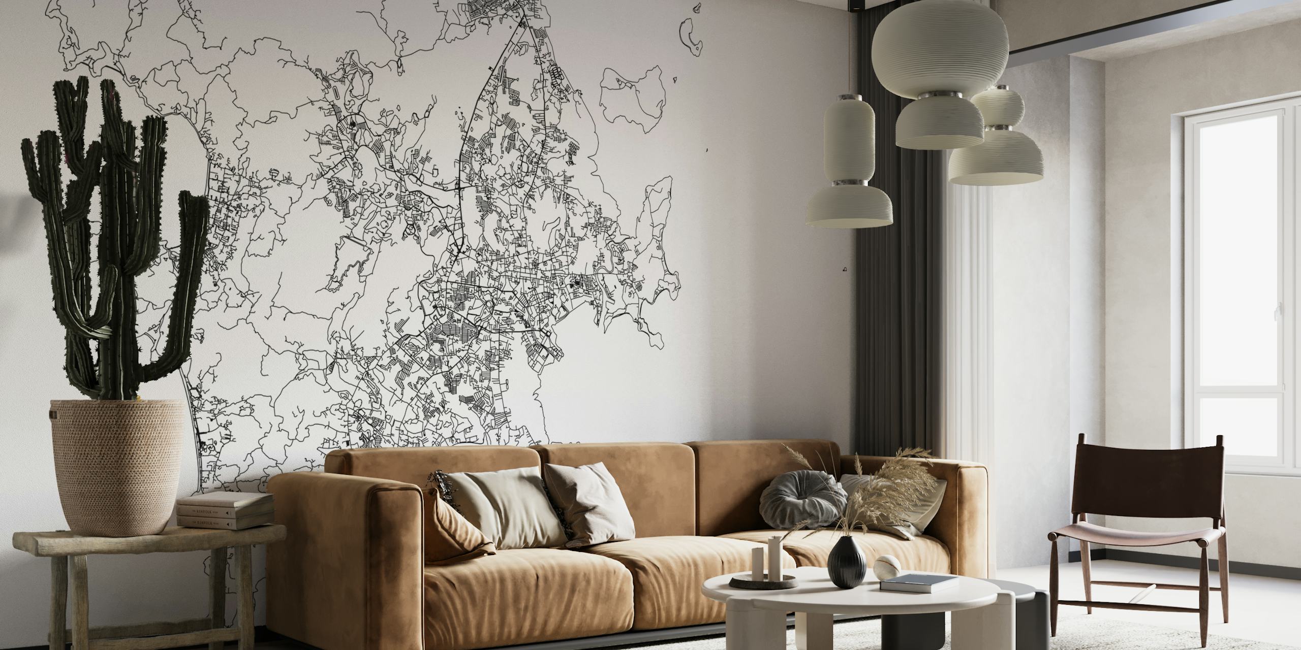 Black and white line drawing map of Phuket for wall mural