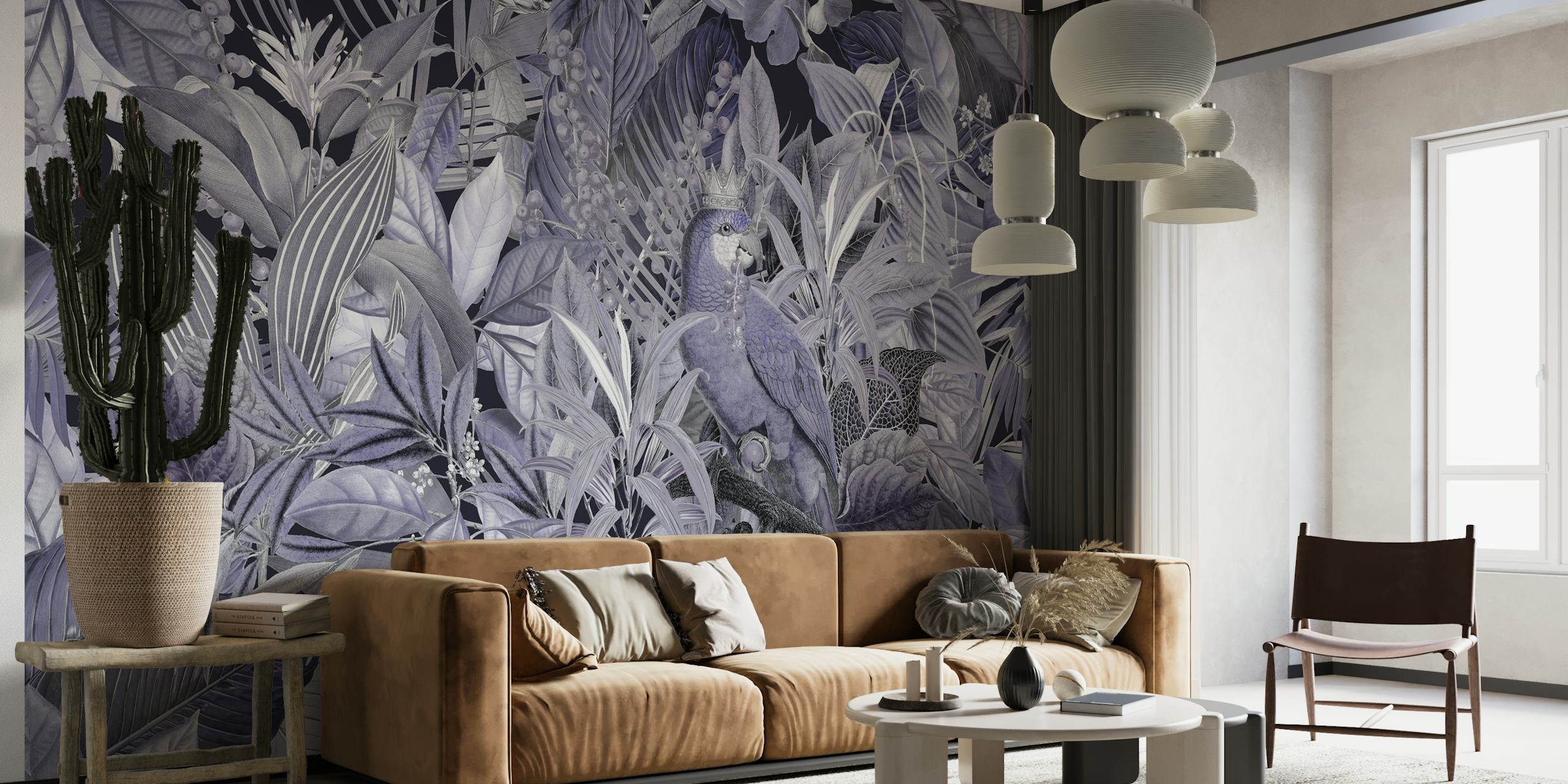 Parrot silhouette within a lavish purple and violet tropical floral pattern wall mural