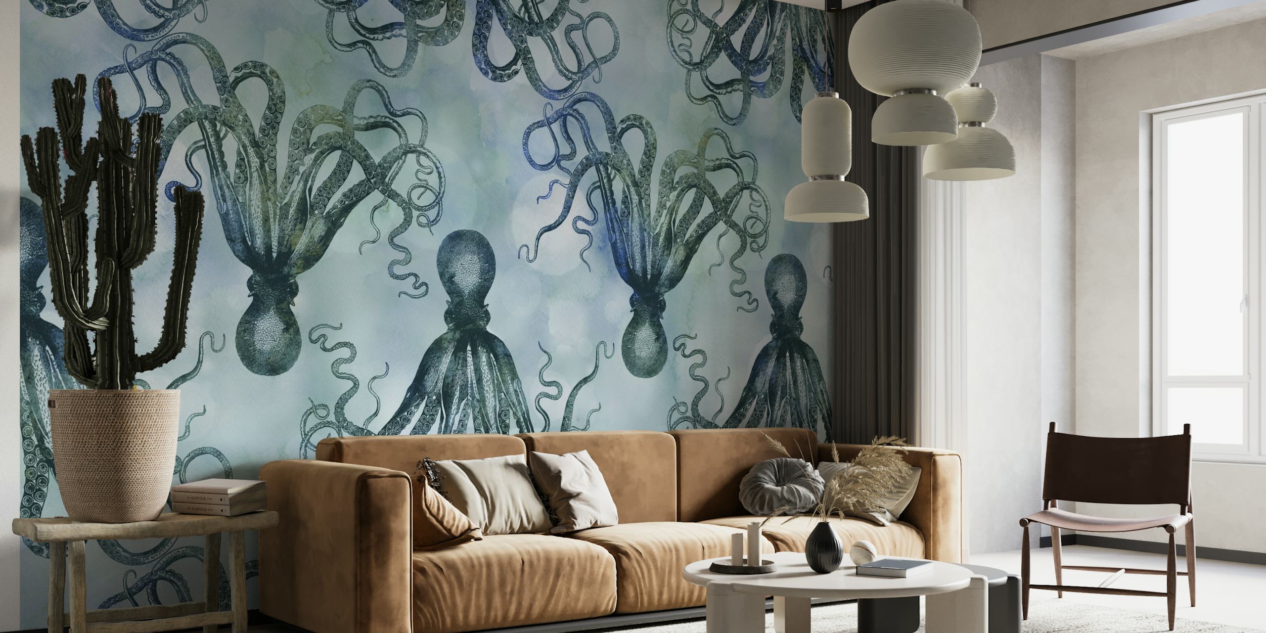 Yndefulde blæksprutter i blå nuancer, der driver roligt på et vægmaleri