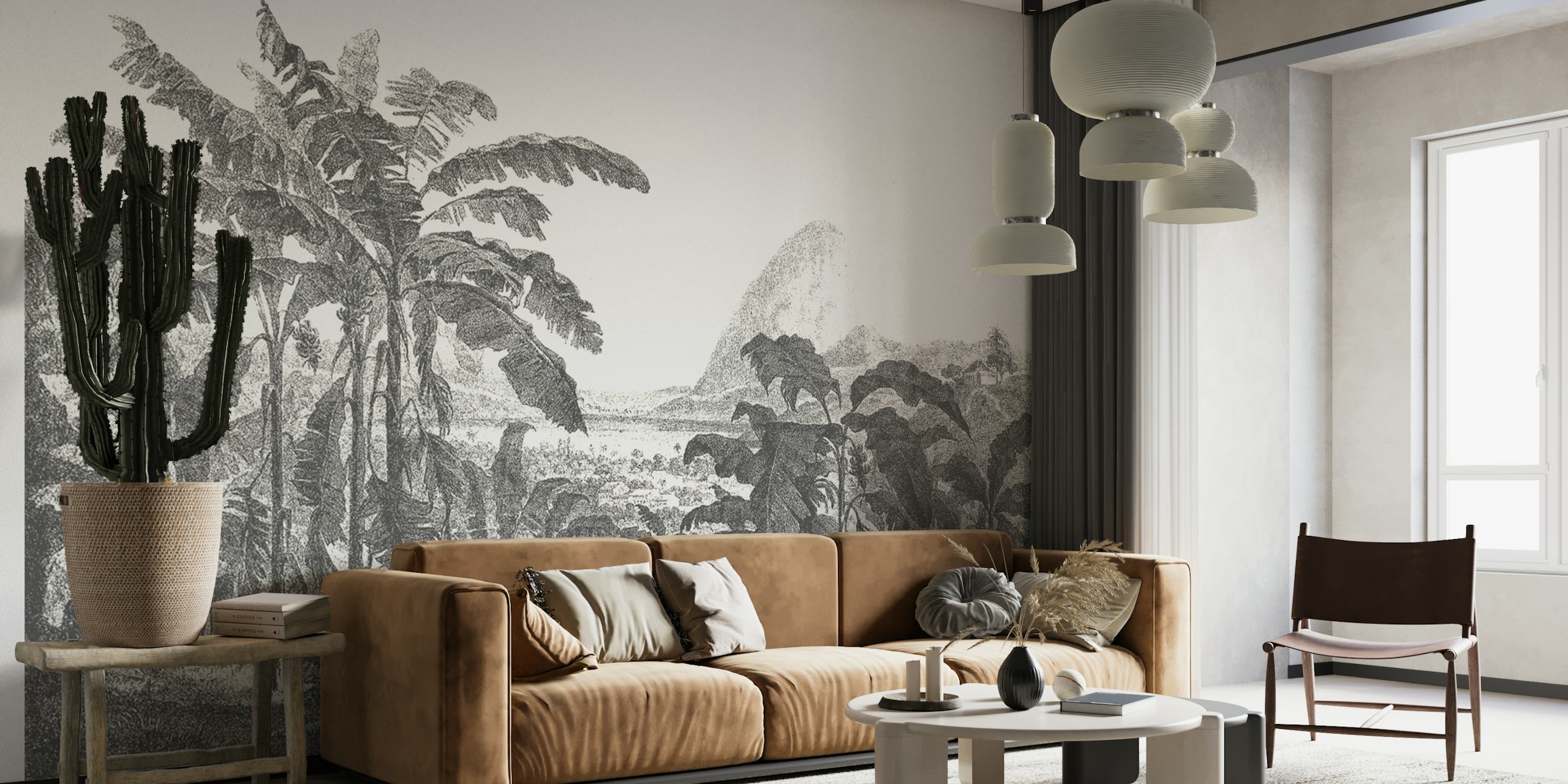 Tropical palm trees in black and white wallpaper