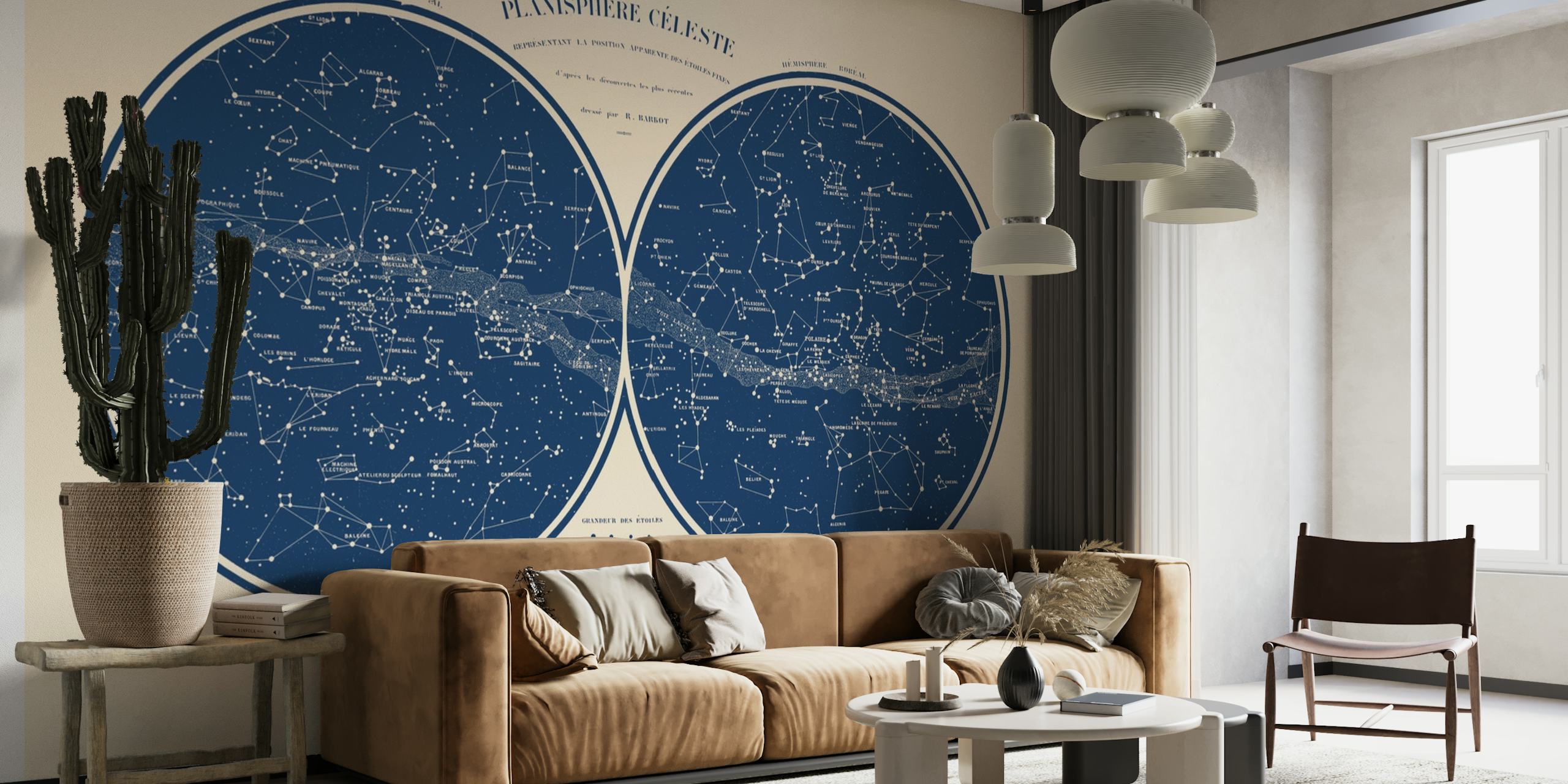 Vintage celestial star map wall mural on a cream background