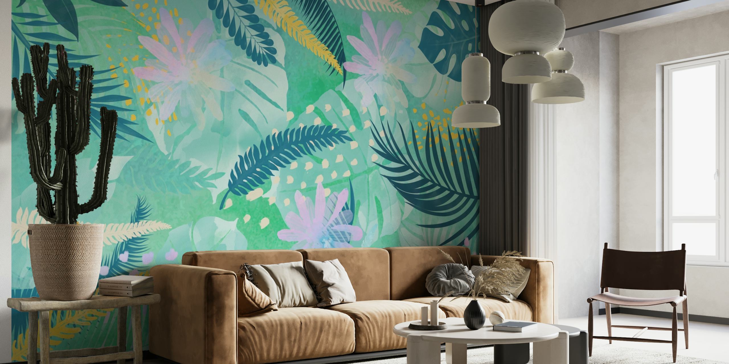 Colorful foliage patterns on tropical wallpaper