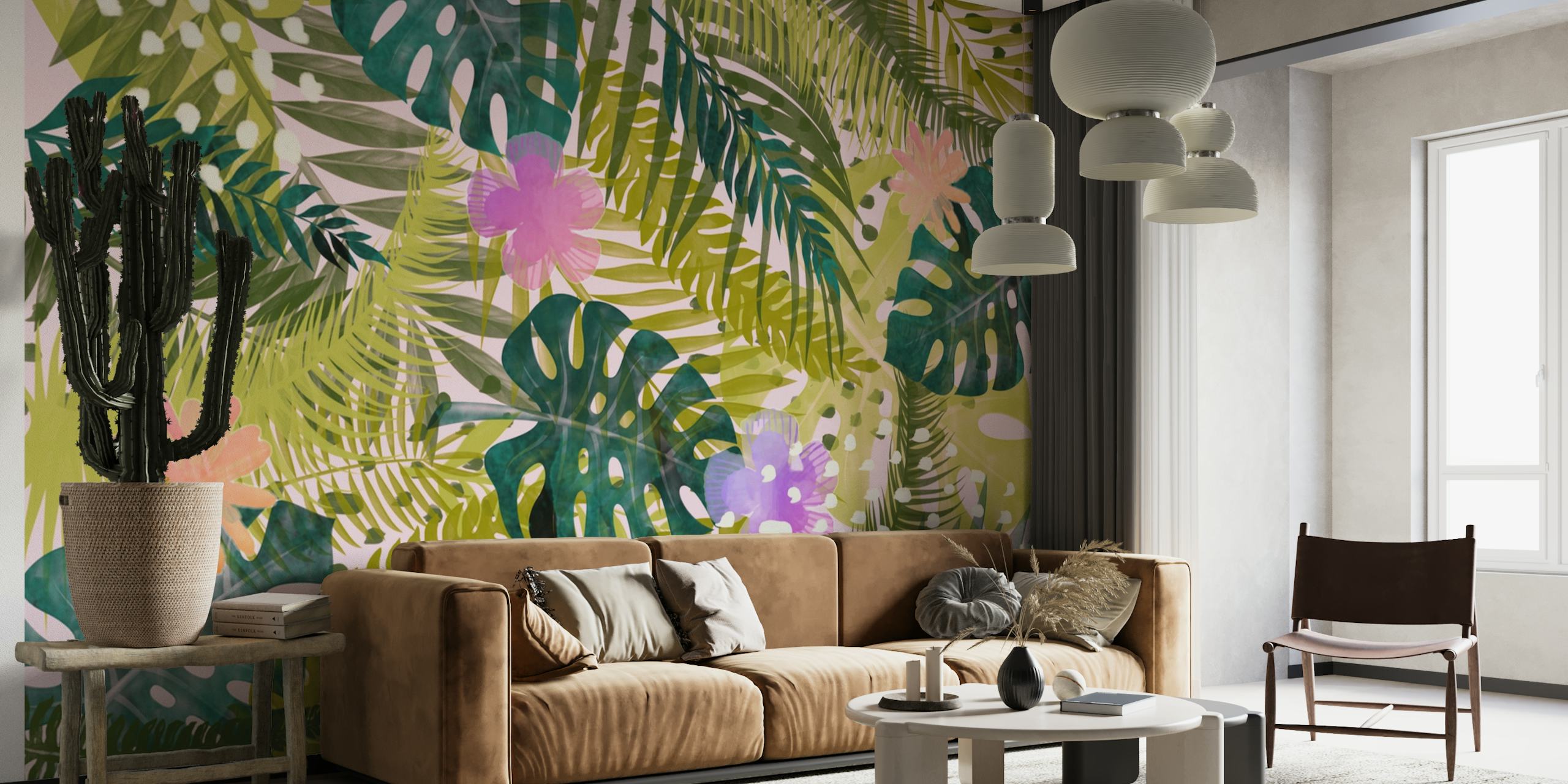 Jungle wall art mural with vivid green foliage and pink flowers
