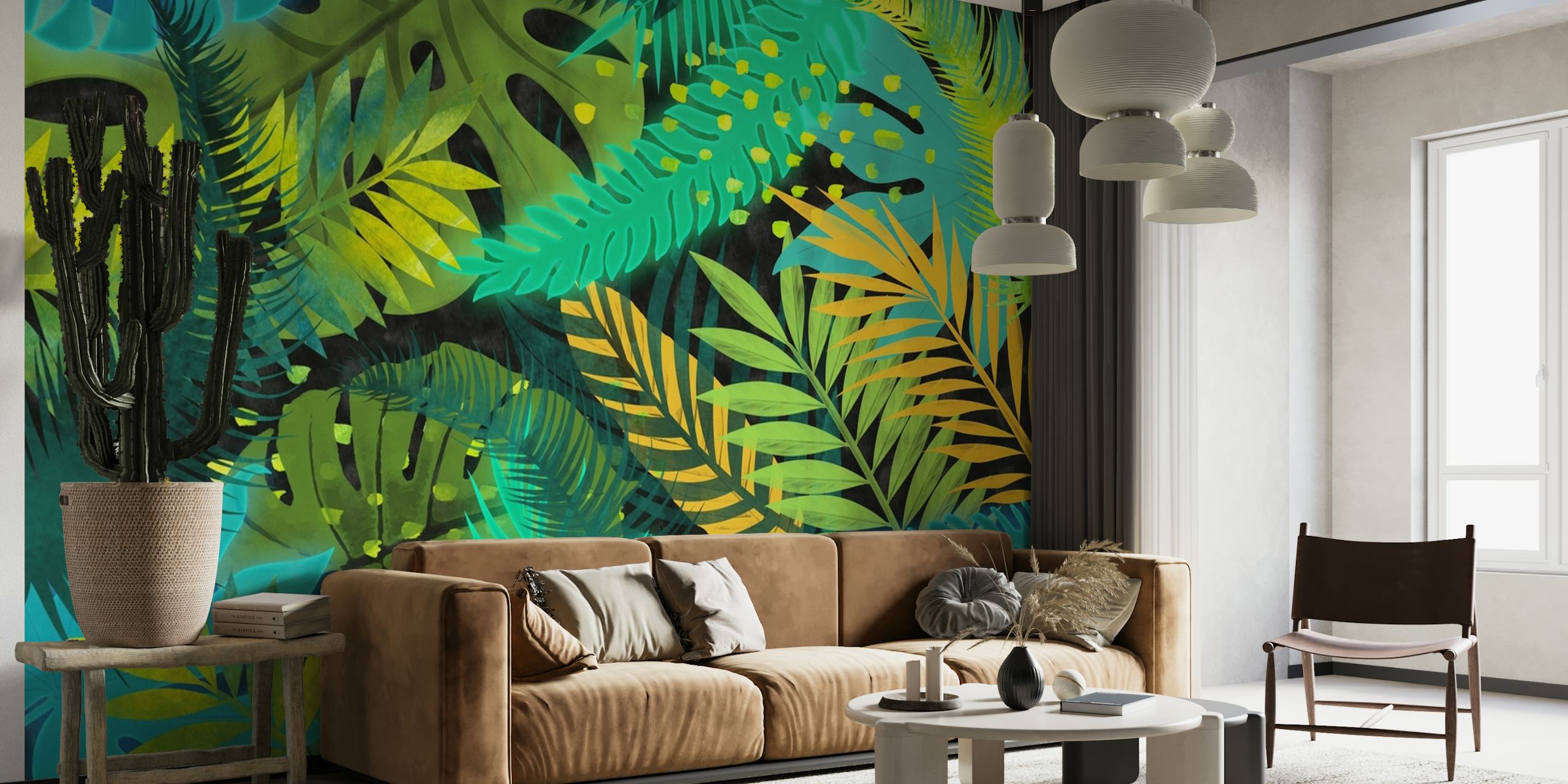 Muurschildering met tropisch gebladerte met blauwe, groene en gele bladeren voor interieurdecoratie