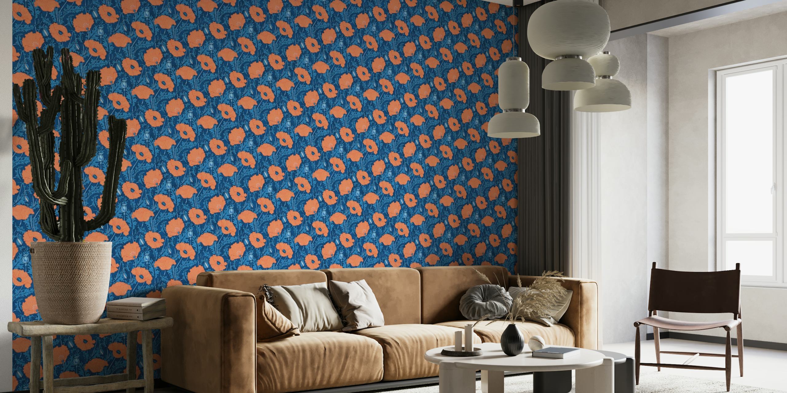 Poppies in orange cobal blue wallpaper