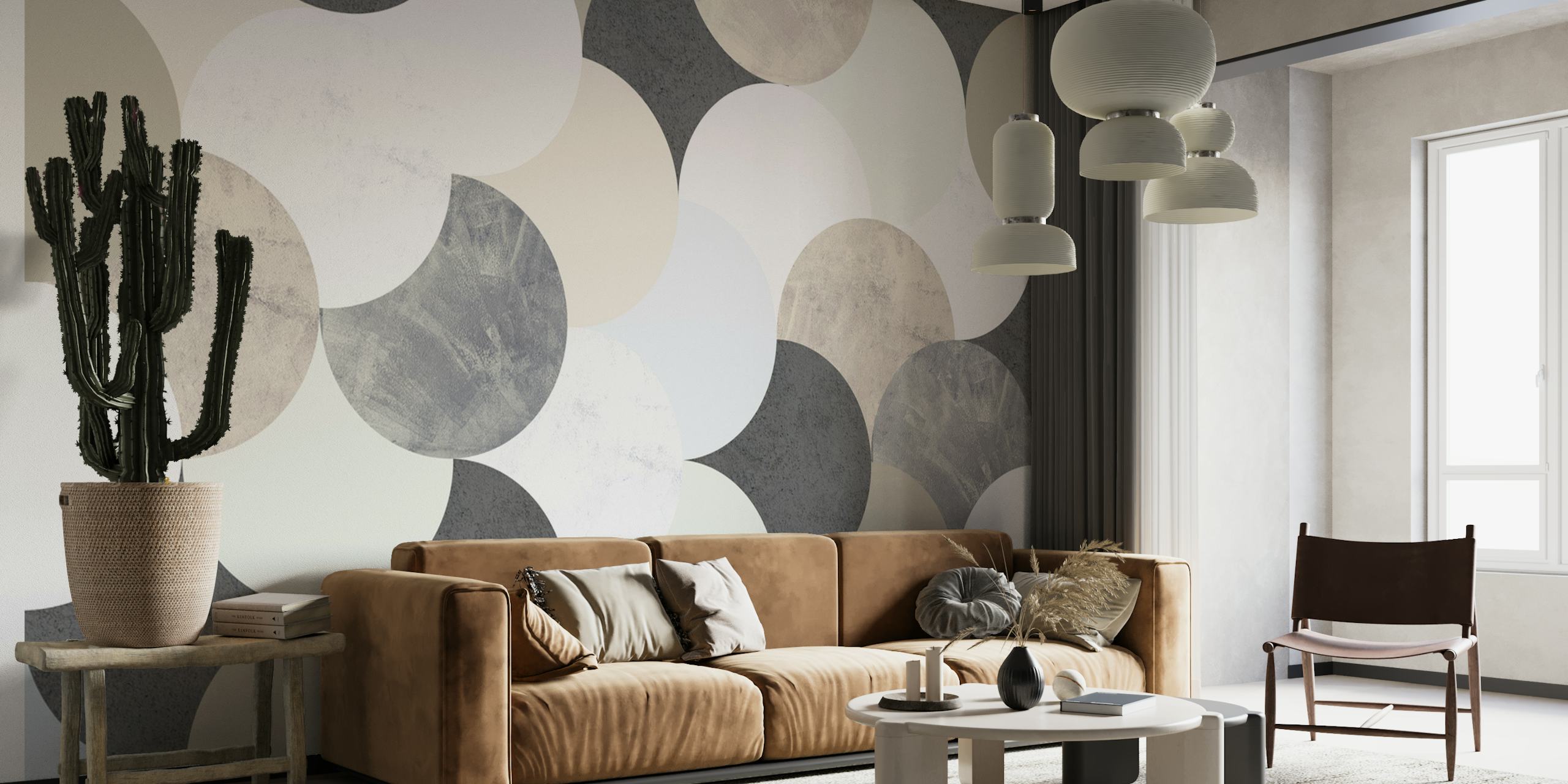 Geometric circle patterns in beige, grey, white, and light blue wallpaper