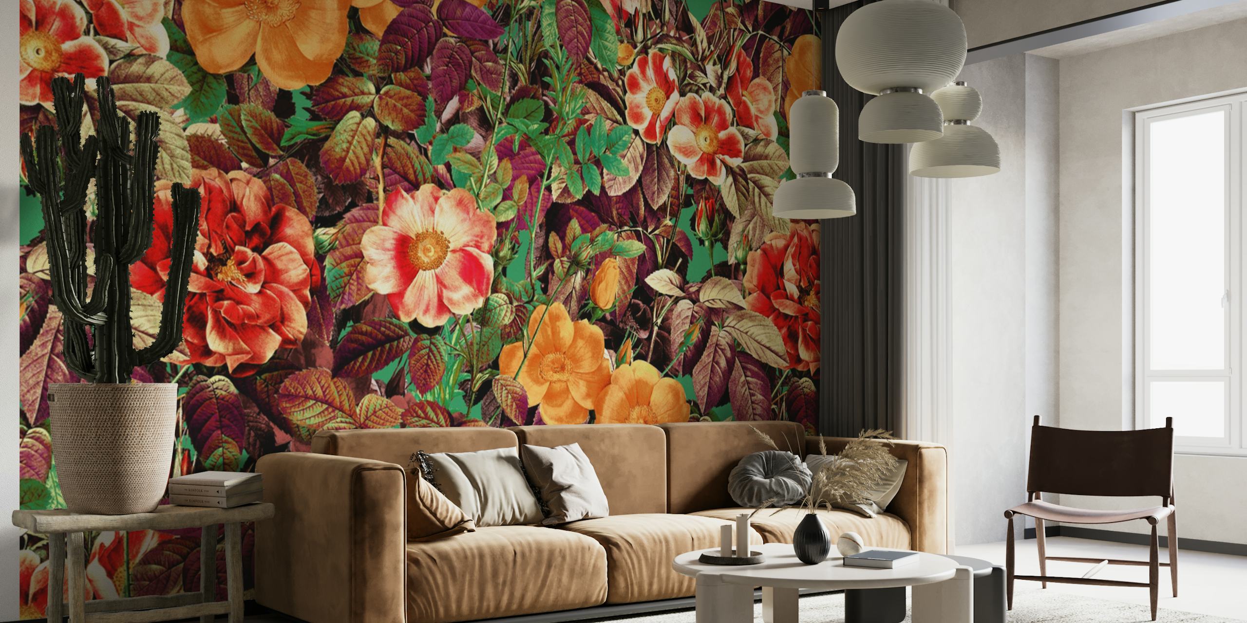 Vintage-inspired wall mural depicting an exotic forest with vibrant flowers and foliage.
