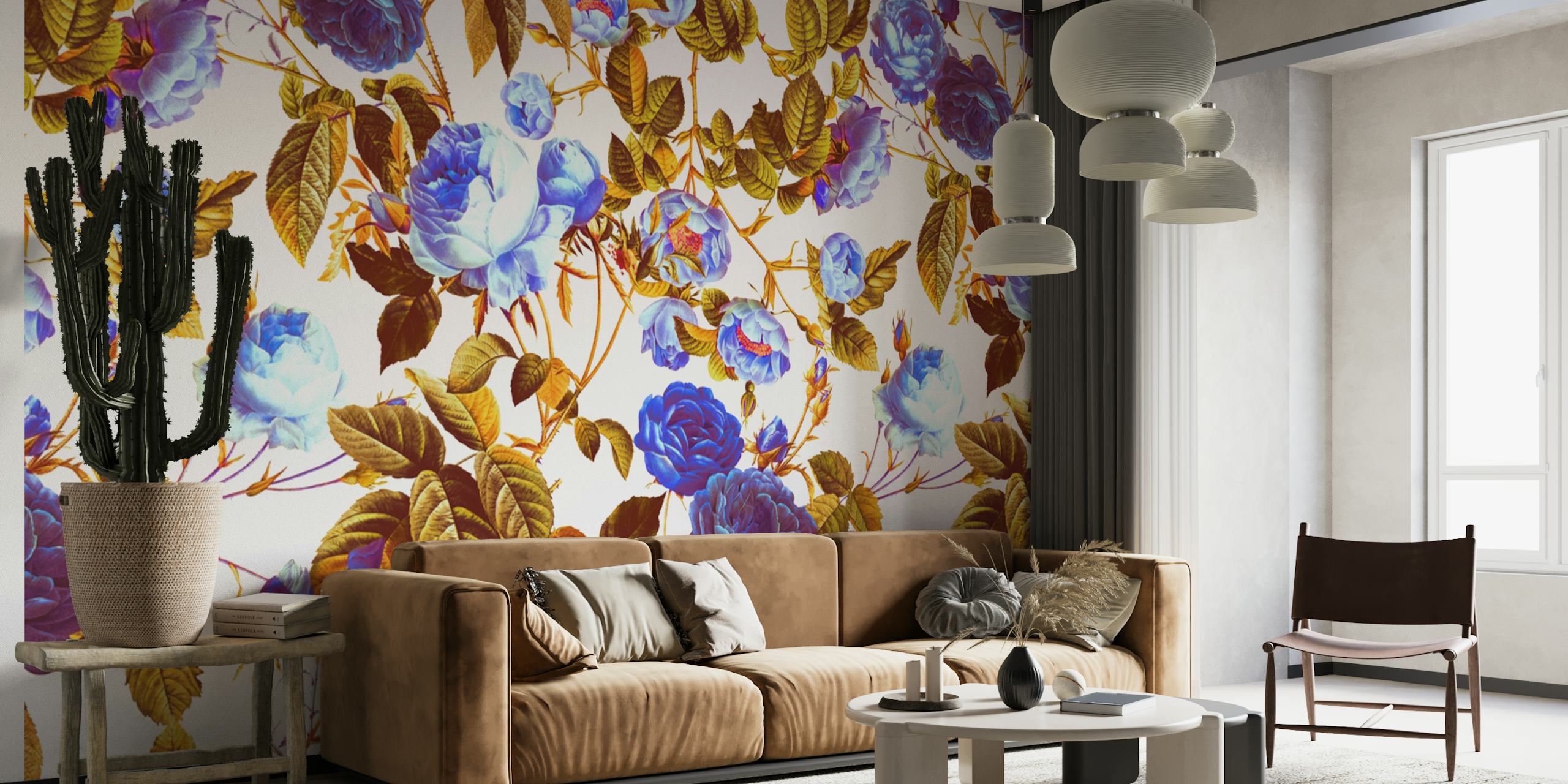 Blue rose floral pattern with golden leaves wallpaper