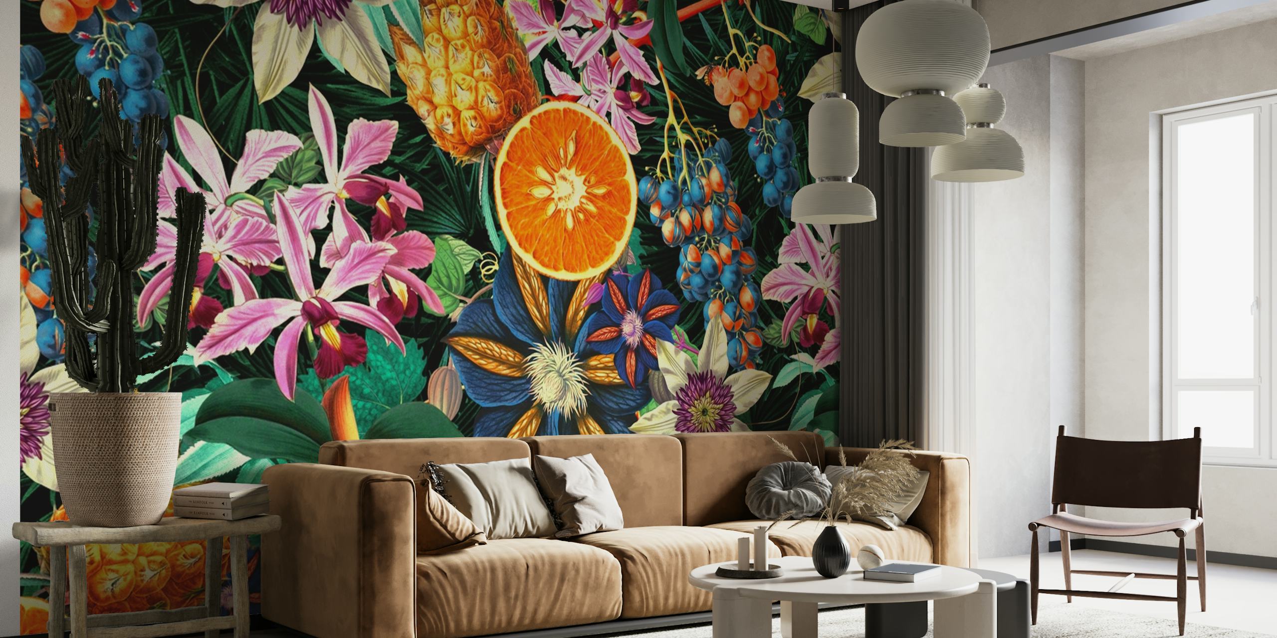 Colorful tropical floral design featuring orange slices, lilies, and berries wallpaper