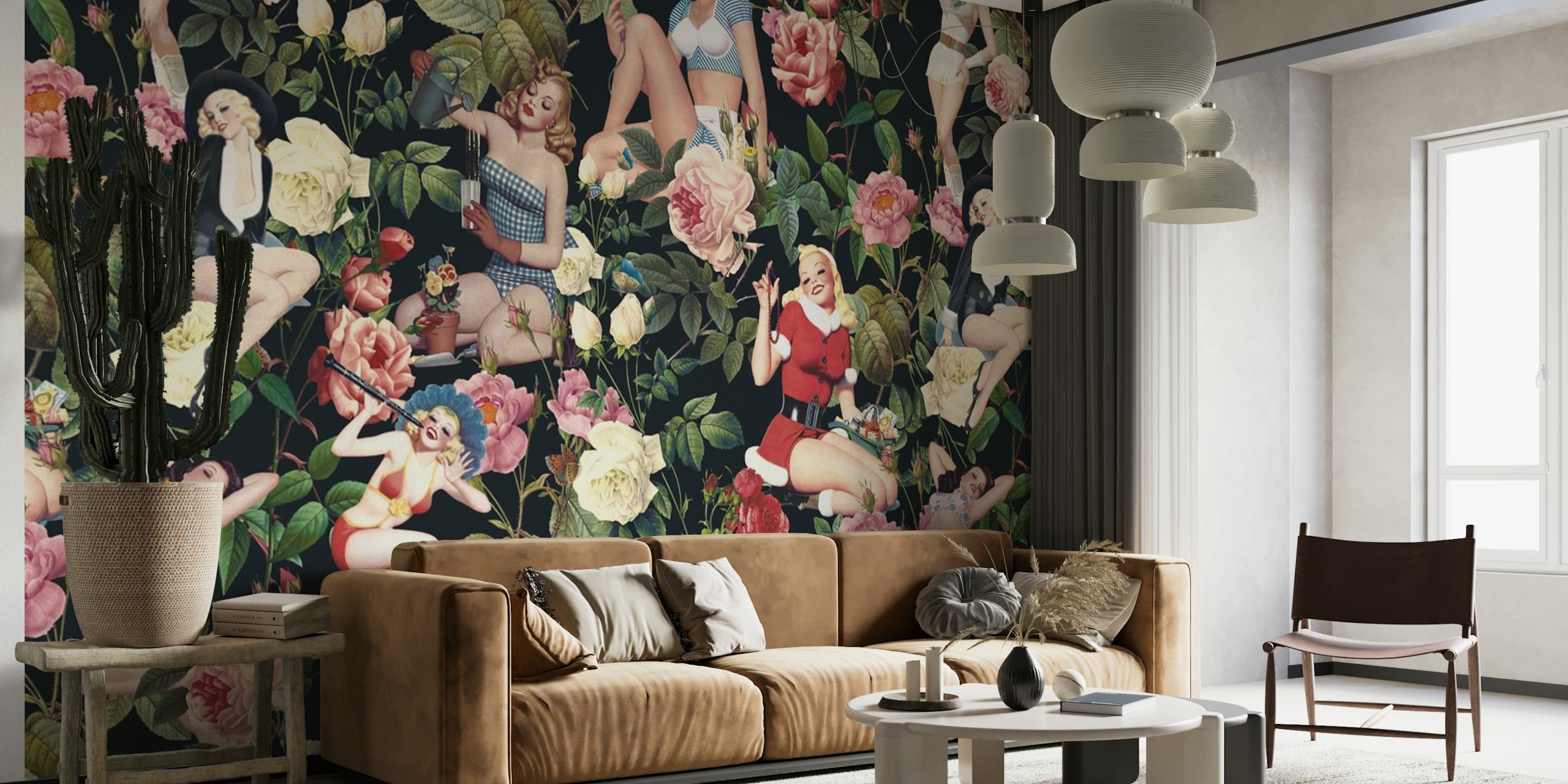 Colorful floral patterns with pin-up girls printed wallpaper