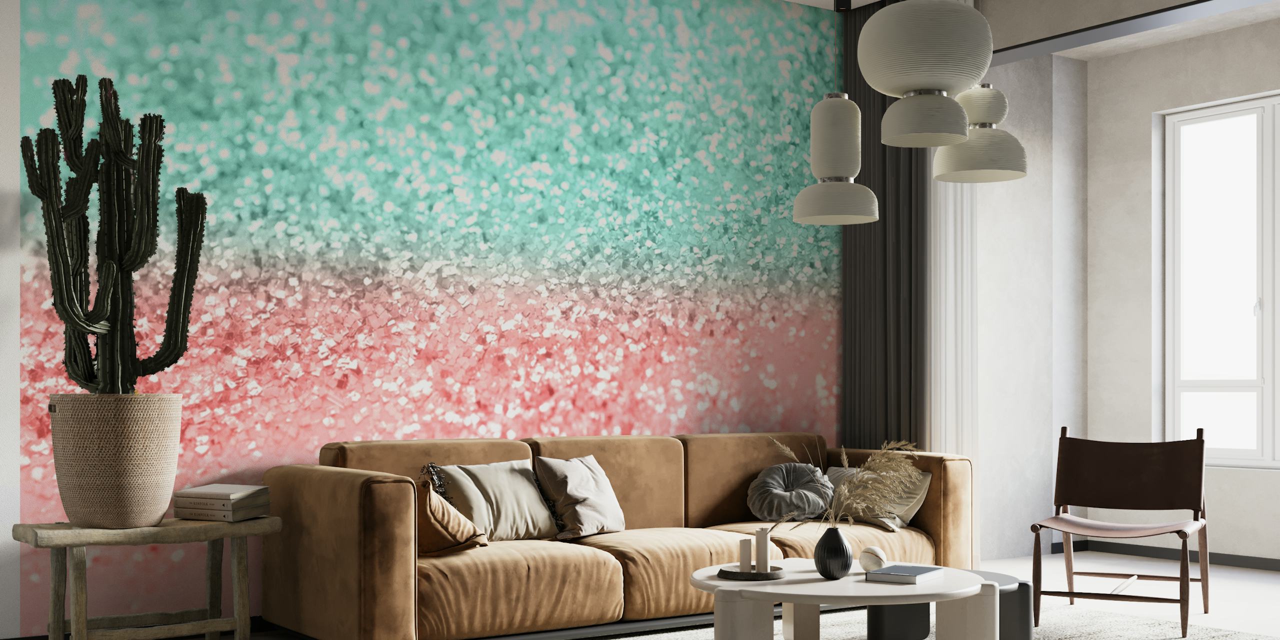 Papier peint Summer Vibes Glitter 1 avec des tons pastel aqua et rose et un effet pailleté