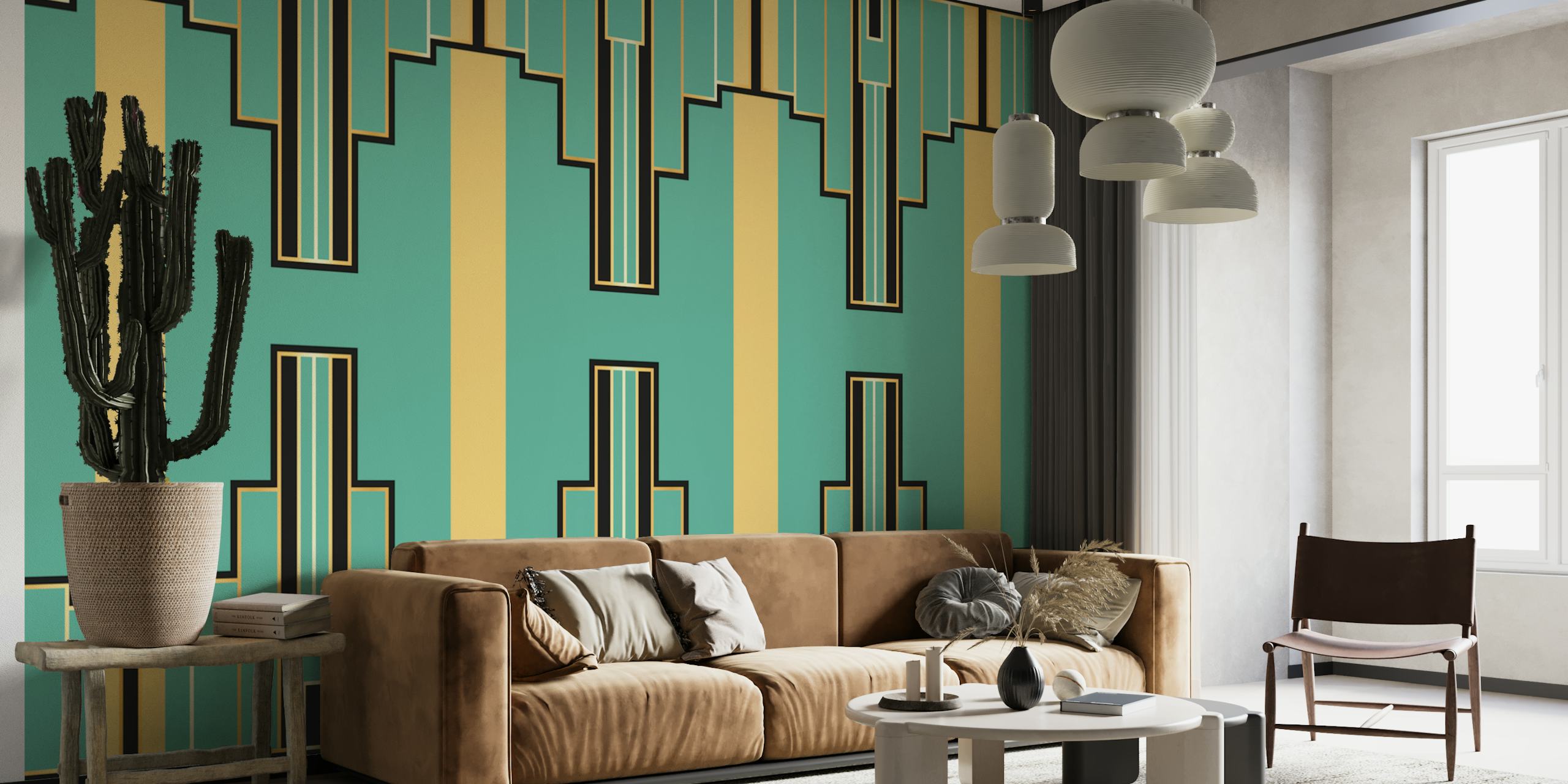 Art Deco Spring wall mural with geometric patterns in jade green and gold